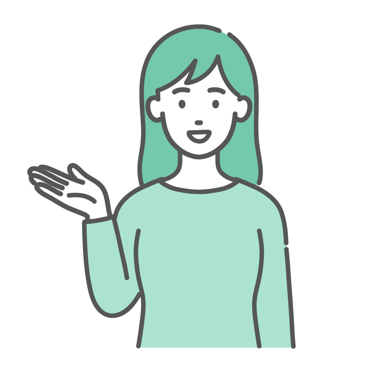 右手を差し出して笑顔で案内・紹介をしている若い女性のイラスト