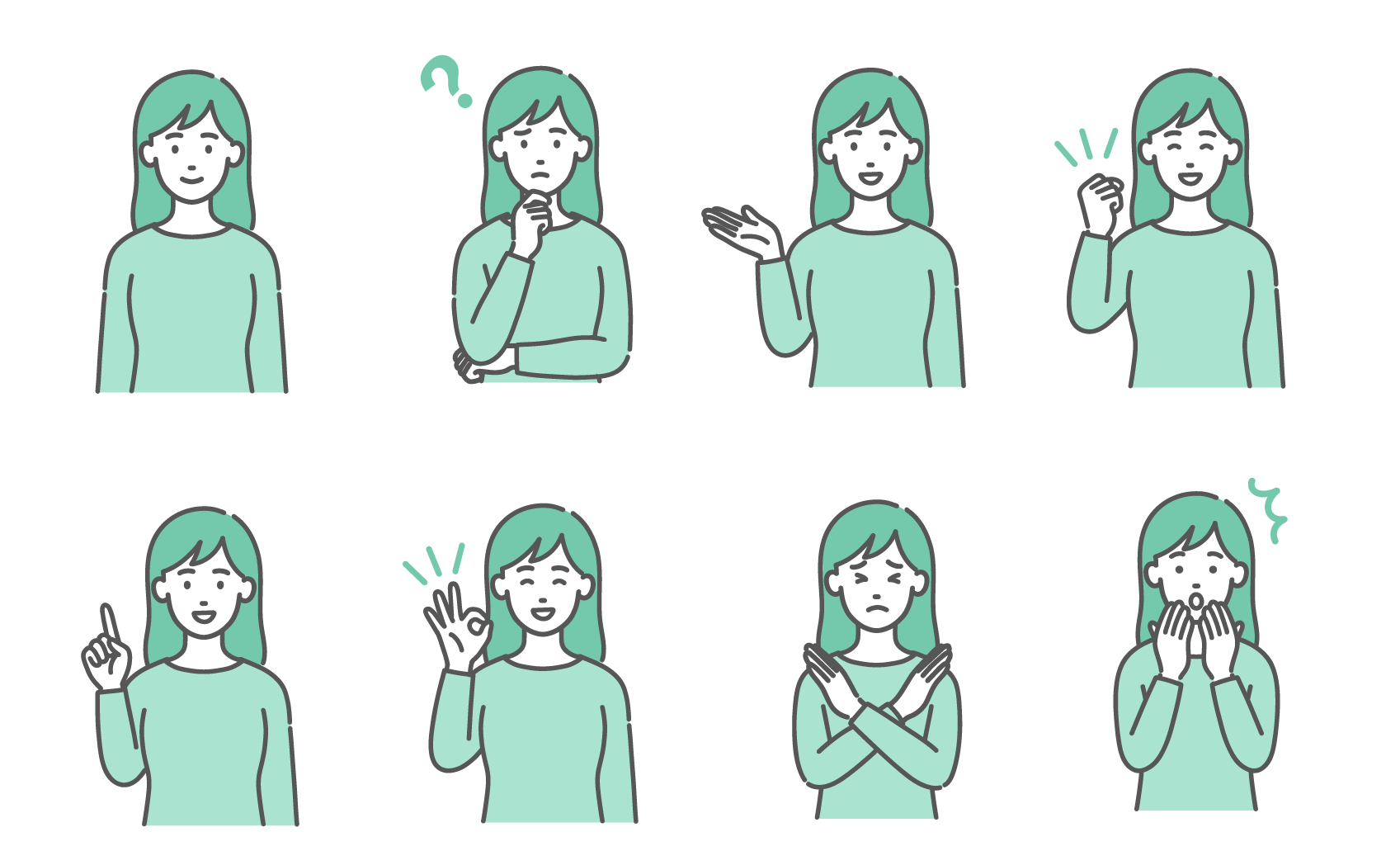 笑顔や悩み、案内など、若い女性の様々な表情やポーズのイラスト8点セット