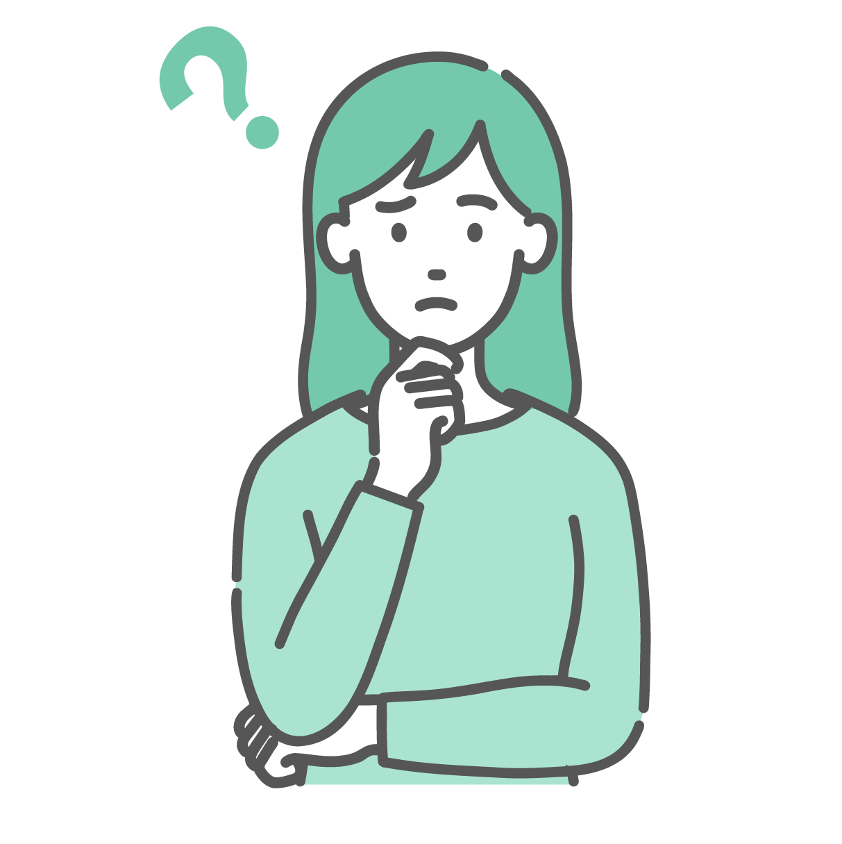 顎に手を当ててはてなマークを浮かべ、疑問に思っている若い女性のイラスト