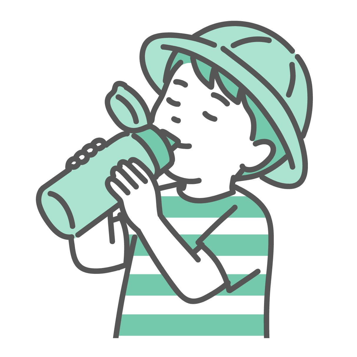 帽子をかぶった男の子が、両手で水筒を持って水分補給をしているイラスト