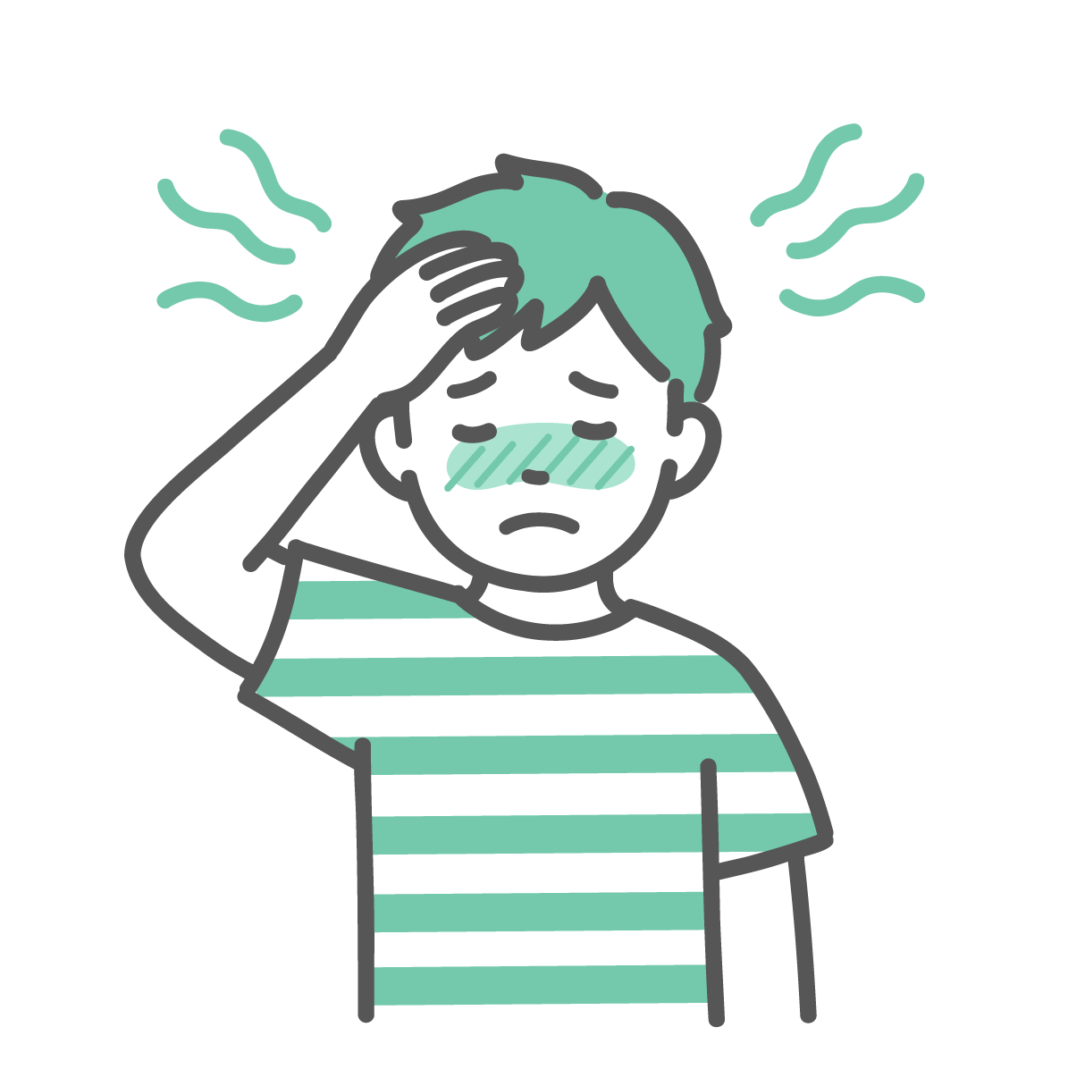 額に手を当てて、顔をほてらせて発熱で辛そうな表情をしている男の子のイラスト
