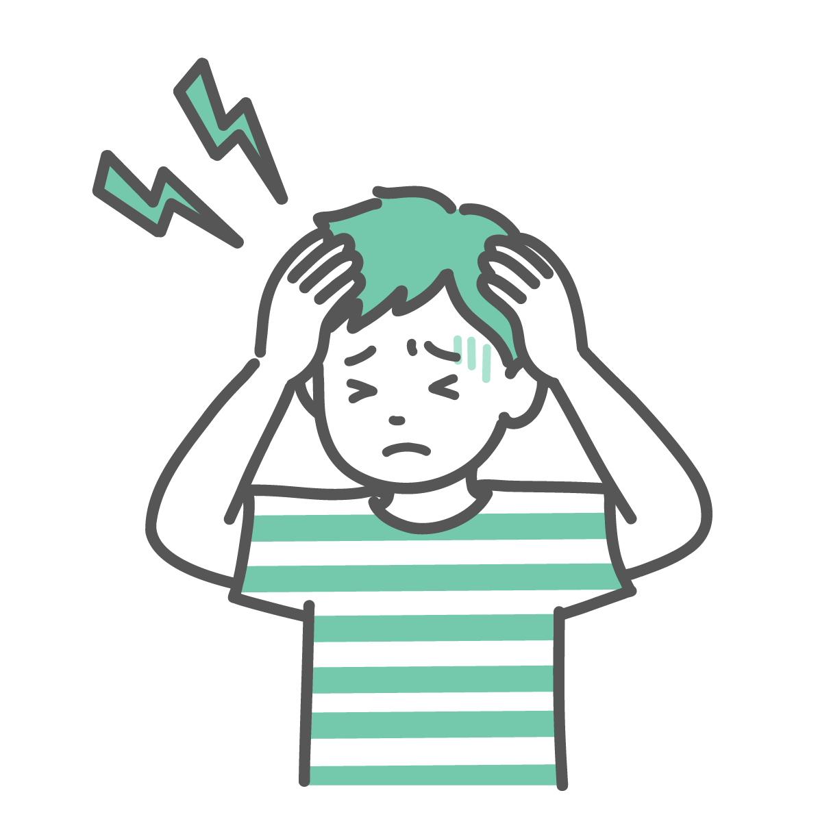 両手で頭を抱え、頭痛や発熱で辛そうな表情をしている男の子のイラスト