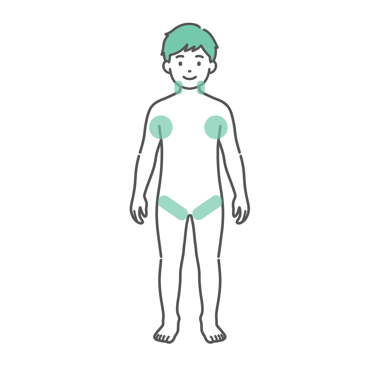 首筋、両脇の下、両足の付け根に冷却ポイントが示された、男の子（子供）の全身立ち姿イラスト