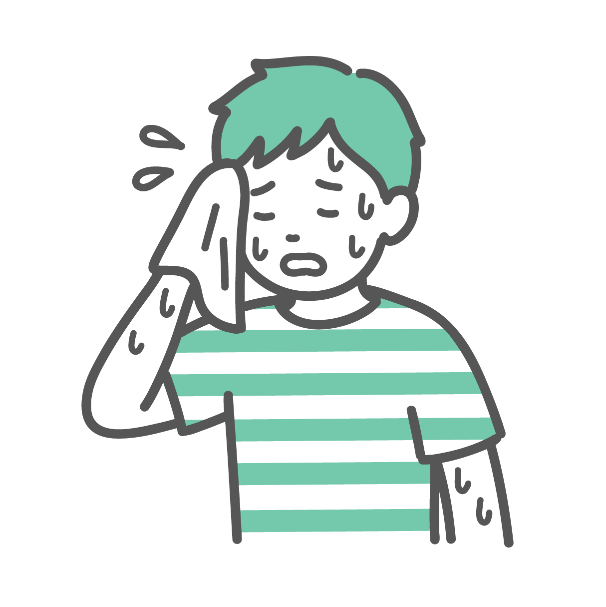 タオルで顔を拭きながら、大量の汗をかいて辛そうな表情をしている男の子のイラスト
