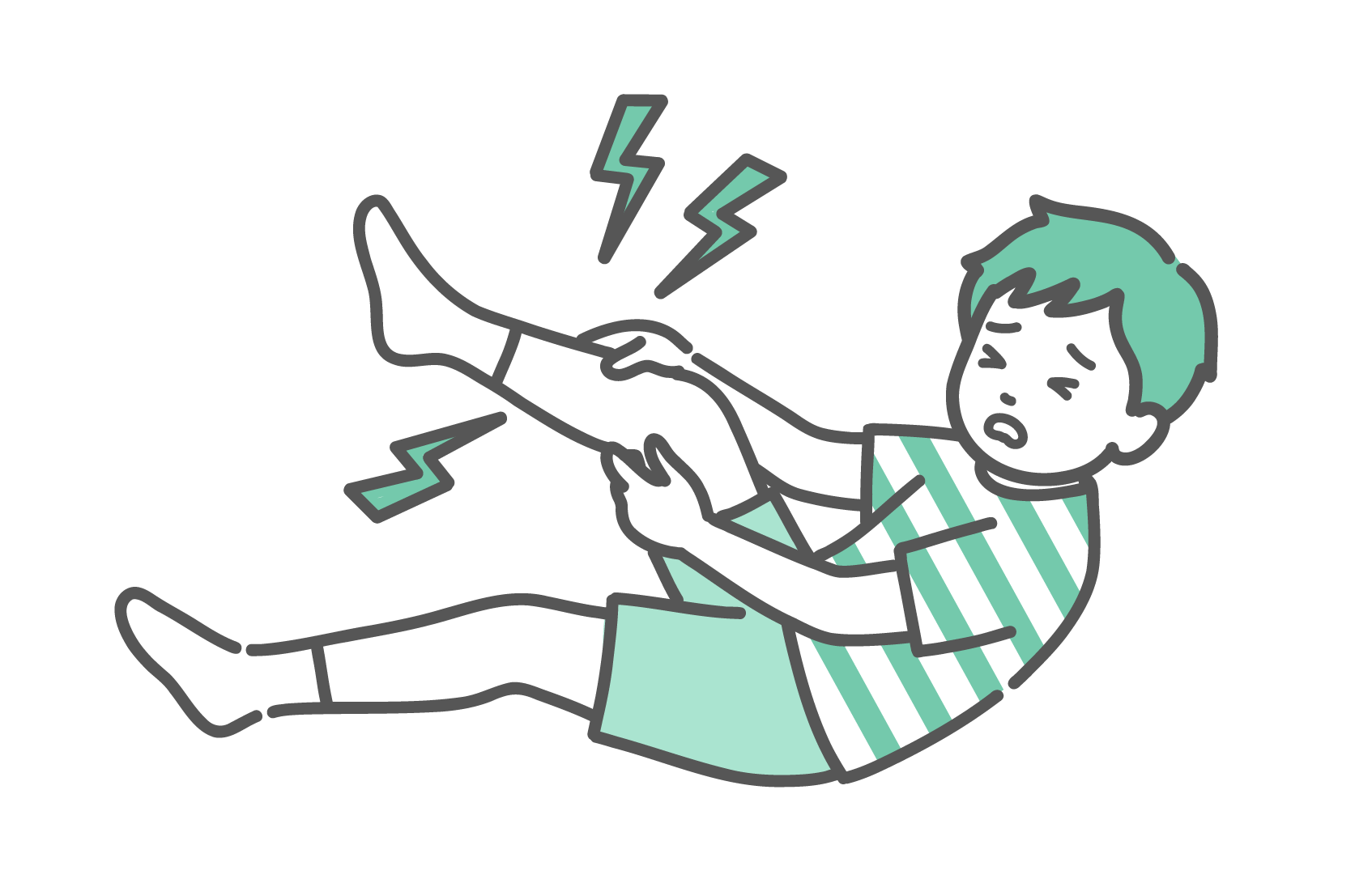 足を押さえて、こむら返りや筋肉の痛みで苦しそうな表情をしている男の子のイラスト