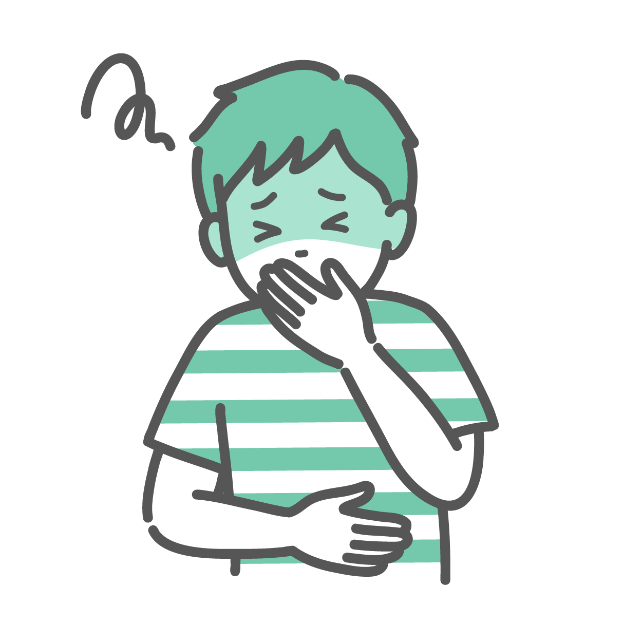 口とお腹を押さえ、顔を青くして吐き気や気分の悪さをこらえている男の子のイラスト