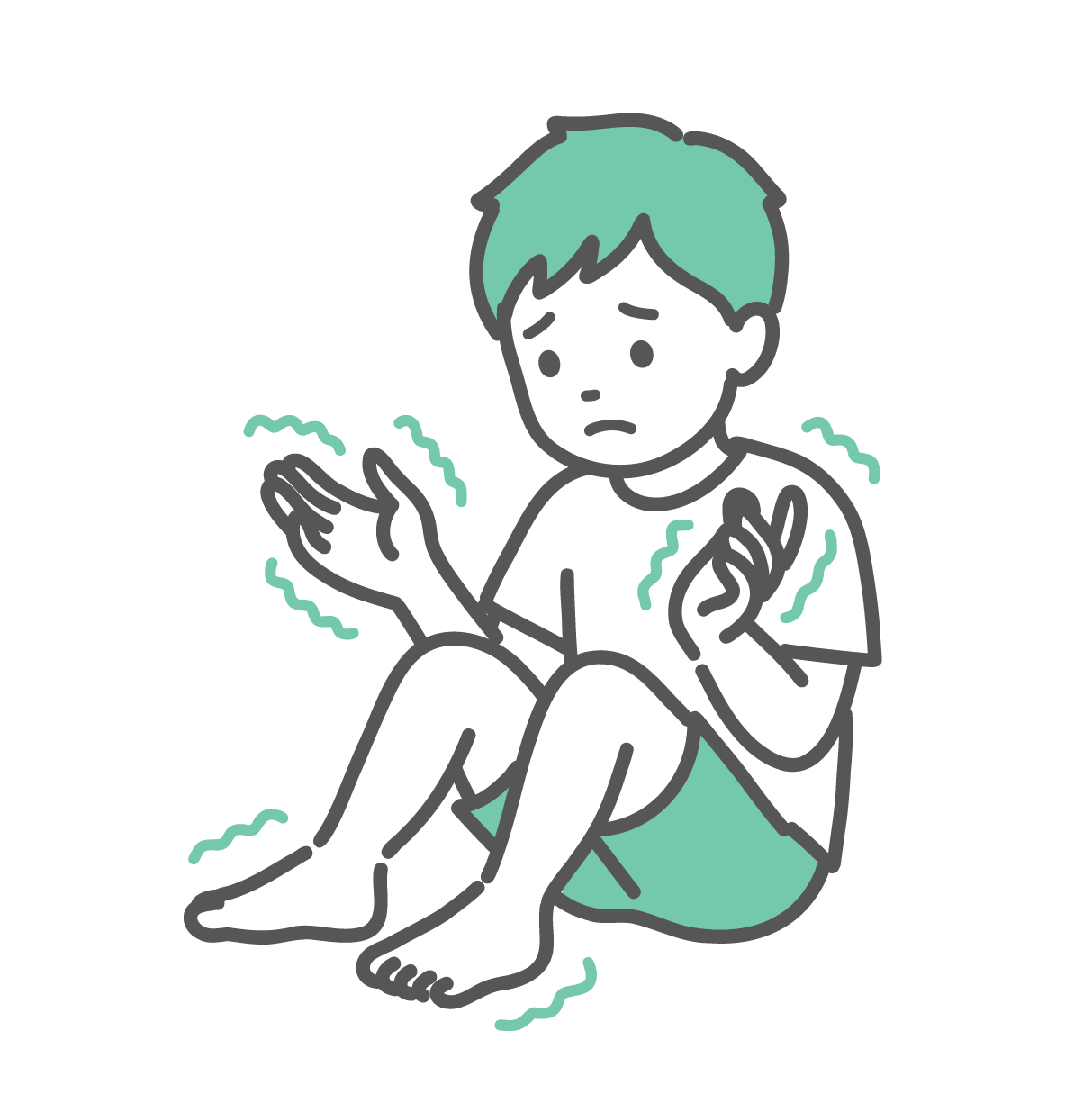 座り込んで自分の手を見つめ、手足のしびれや震えで不安そうな表情をしている男の子のイラスト