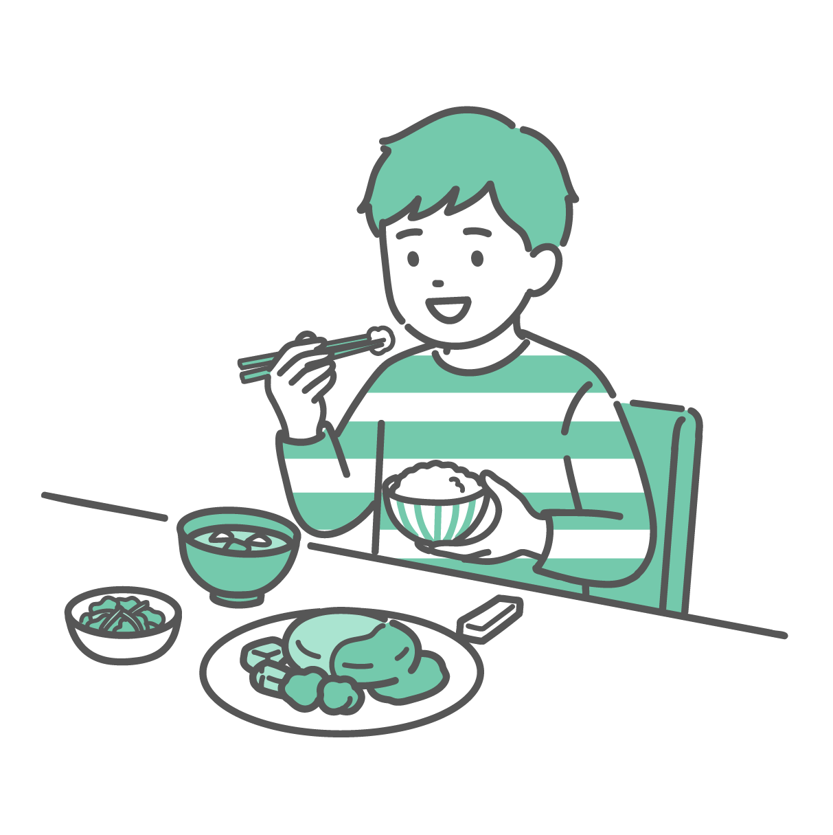 ご飯、味噌汁、ハンバーグ、副菜のバランスの良い食事を食べている男の子