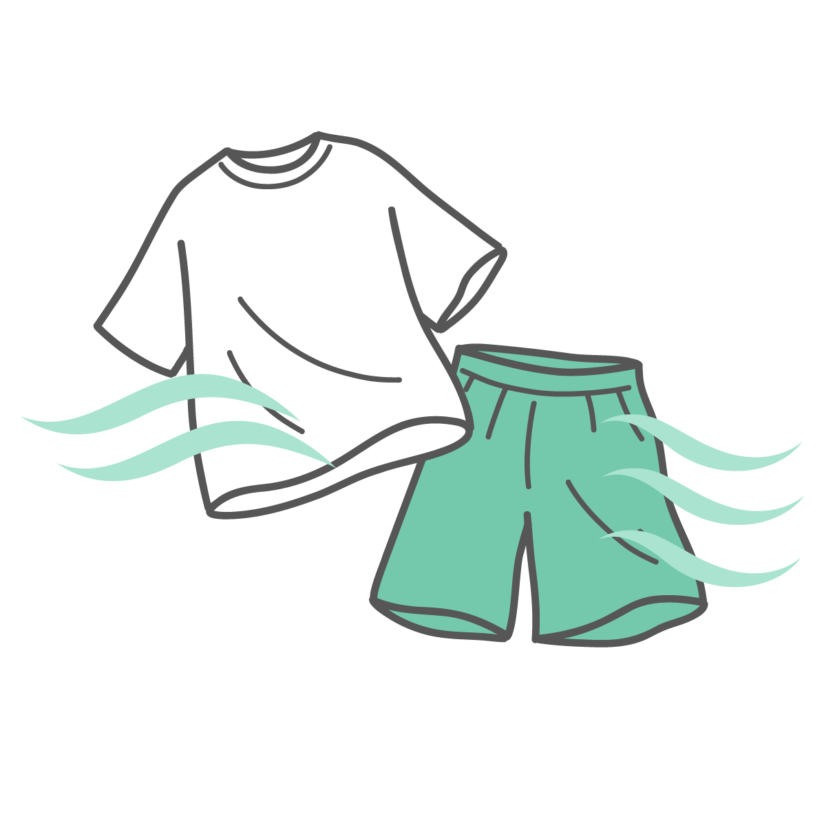 風が通り抜ける通気性の良い白いTシャツと緑のハーフパンツ