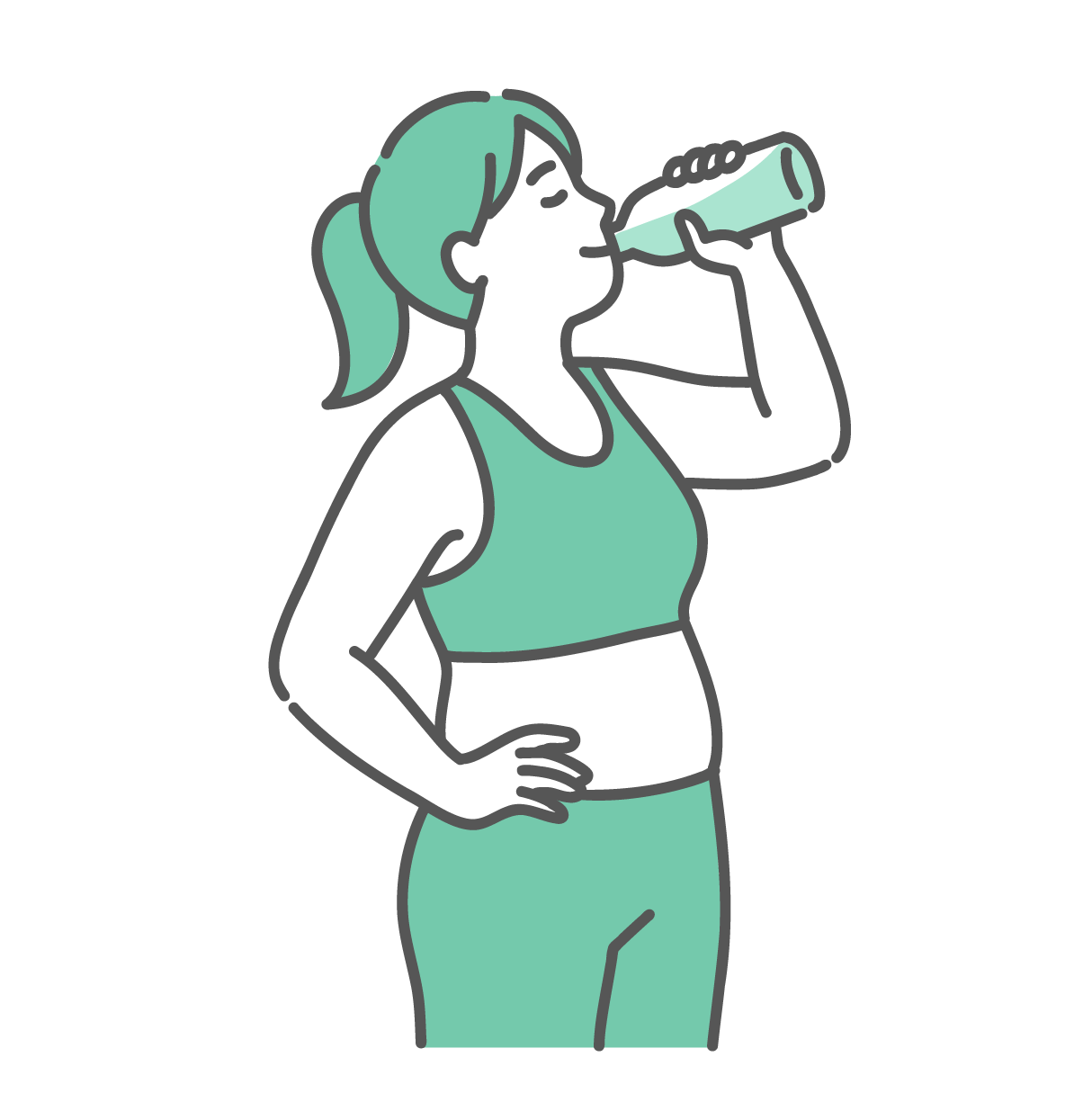 スポーツウェアを着て片手を腰に当て、ペットボトルの水を飲んで笑顔で水分補給をしているぽっちゃり体型の女性のイラスト