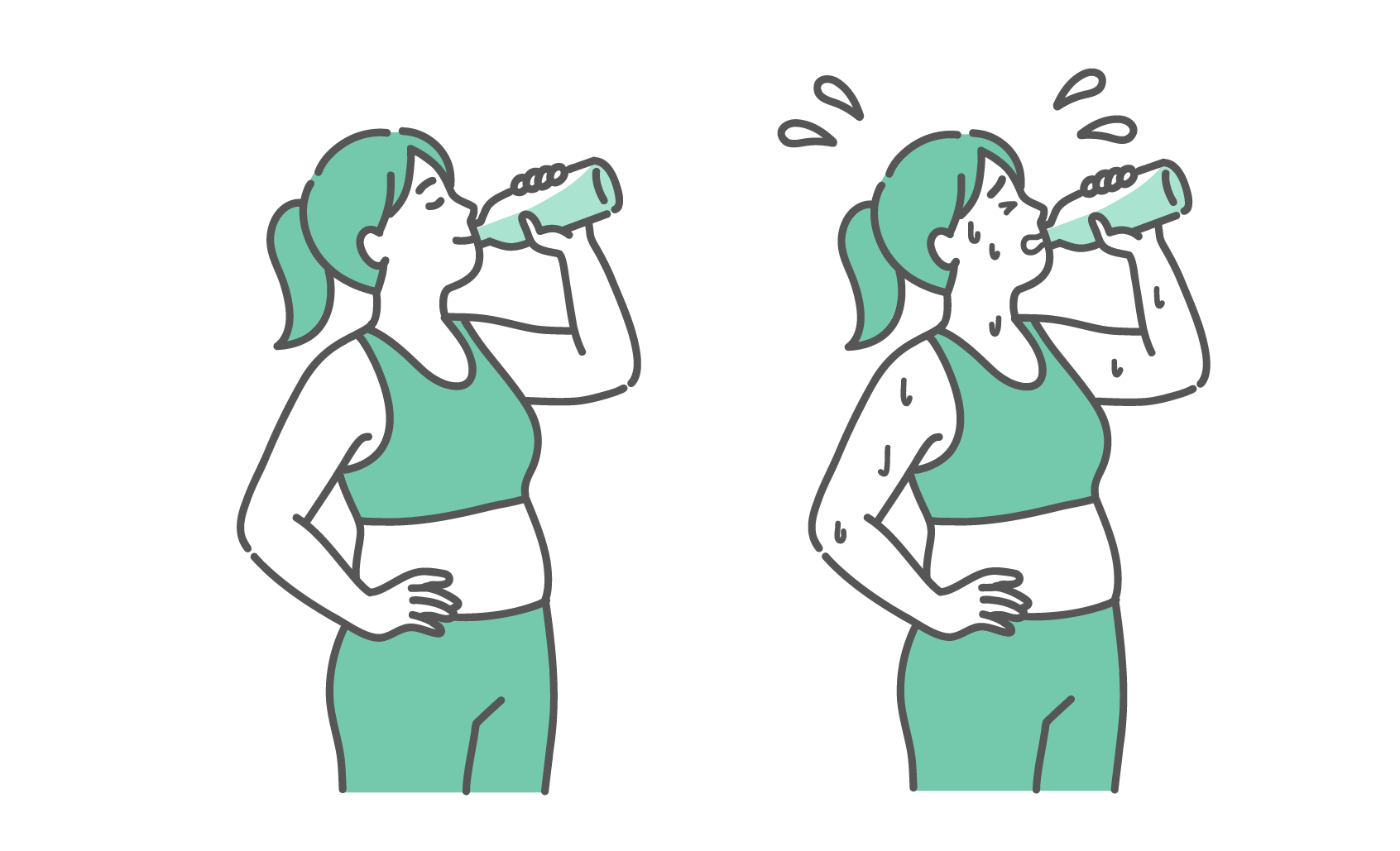 ペットボトルの水を笑顔で飲むぽっちゃり女性と、全身汗だくになり辛そうな表情で水を飲むぽっちゃり女性の2点比較セットイラスト