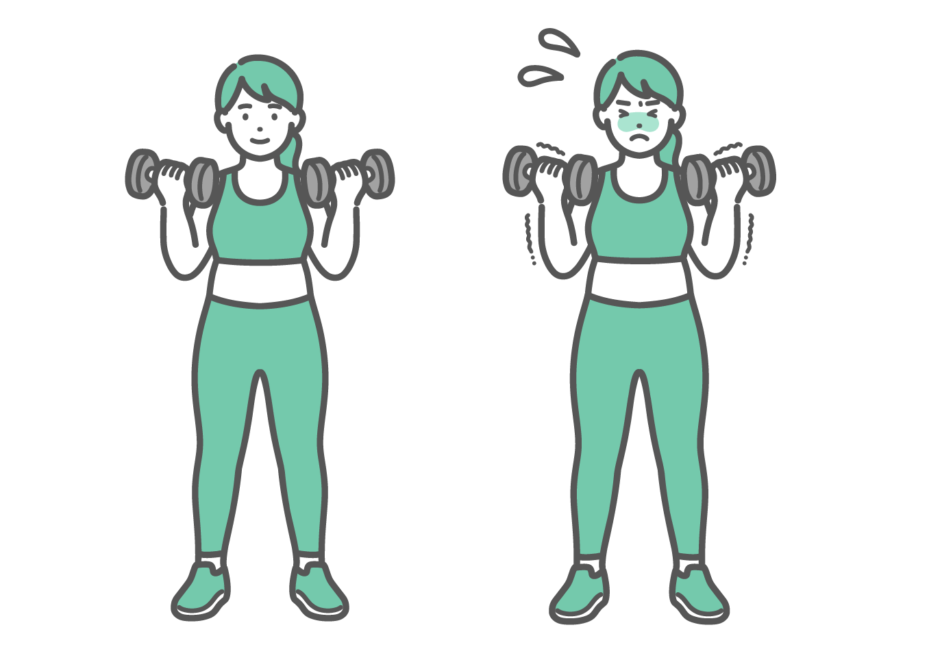 両手にダンベルを持ち笑顔で筋トレをするぽっちゃり女性と、汗をかいて辛そうに筋トレをするぽっちゃり女性の2点比較セットイラスト。