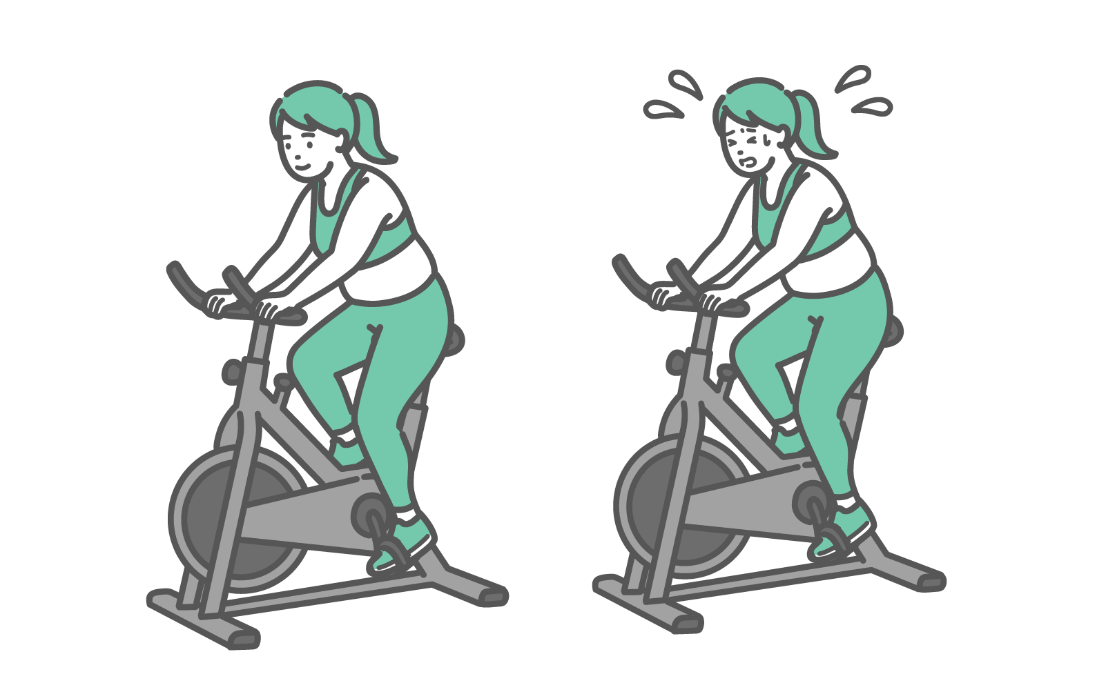 フィットネスバイクを漕ぎながら笑顔で正面を向くぽっちゃり女性と、汗をかき辛そうな表情で必死に漕ぐぽっちゃり女性の2点比較イラスト。