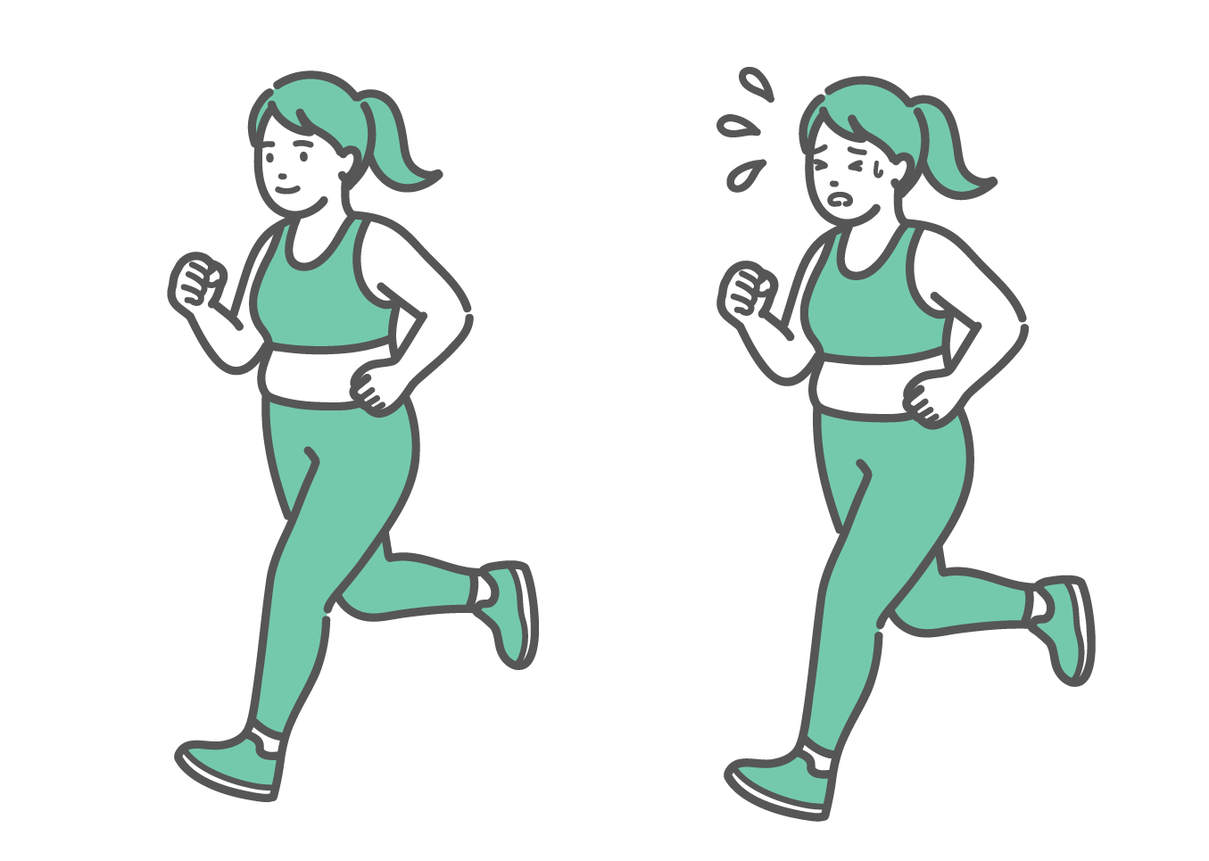 笑顔でランニングするぽっちゃり女性と、大量の汗をかいて苦しそうに走るぽっちゃり女性の比較