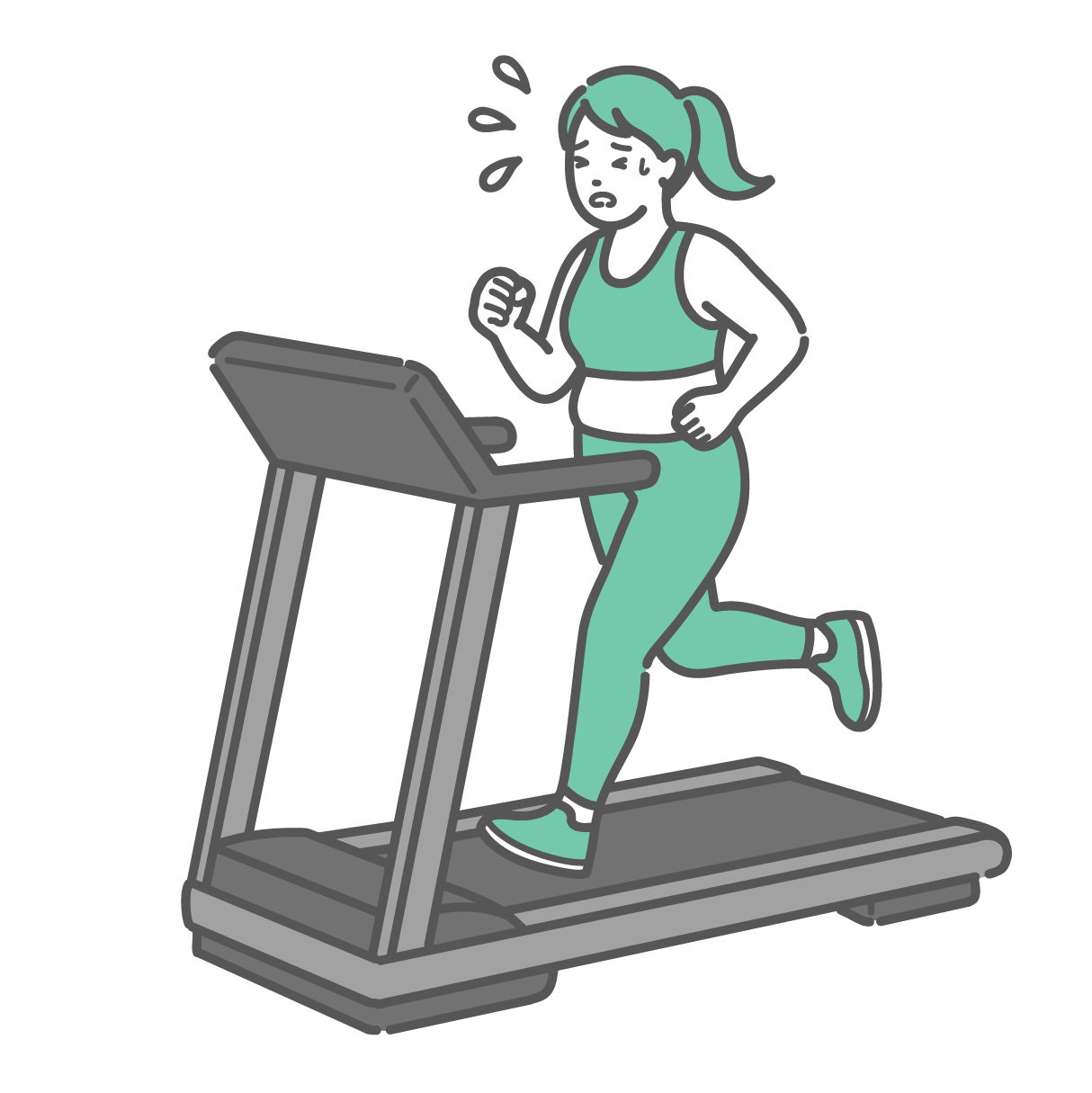 トレッドミルで大量の汗をかきながら必死にランニングをしているぽっちゃり女性のイラスト