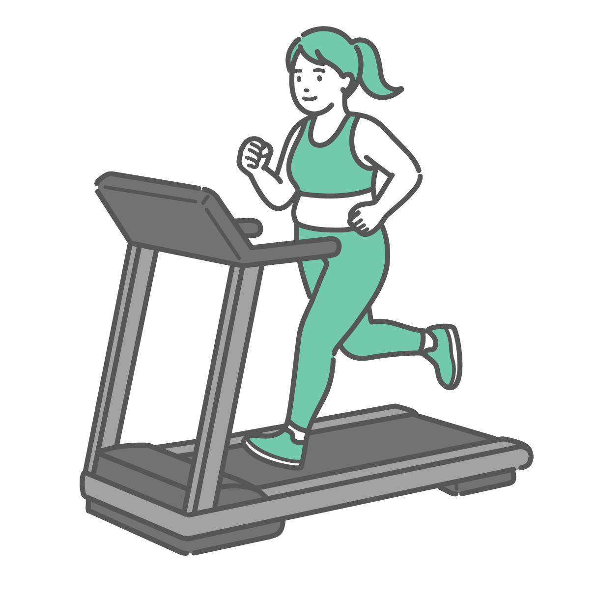 トレッドミルで笑顔でランニングをしているぽっちゃり女性のイラスト