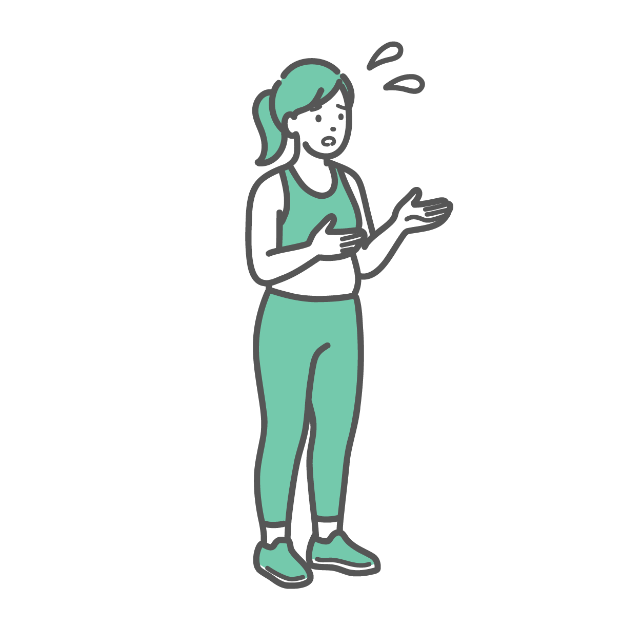 汗をかきながら不安そうな困り顔で身振り手振りを交えて話をしているスポーツウェア姿のぽっちゃり体型の女性のイラスト