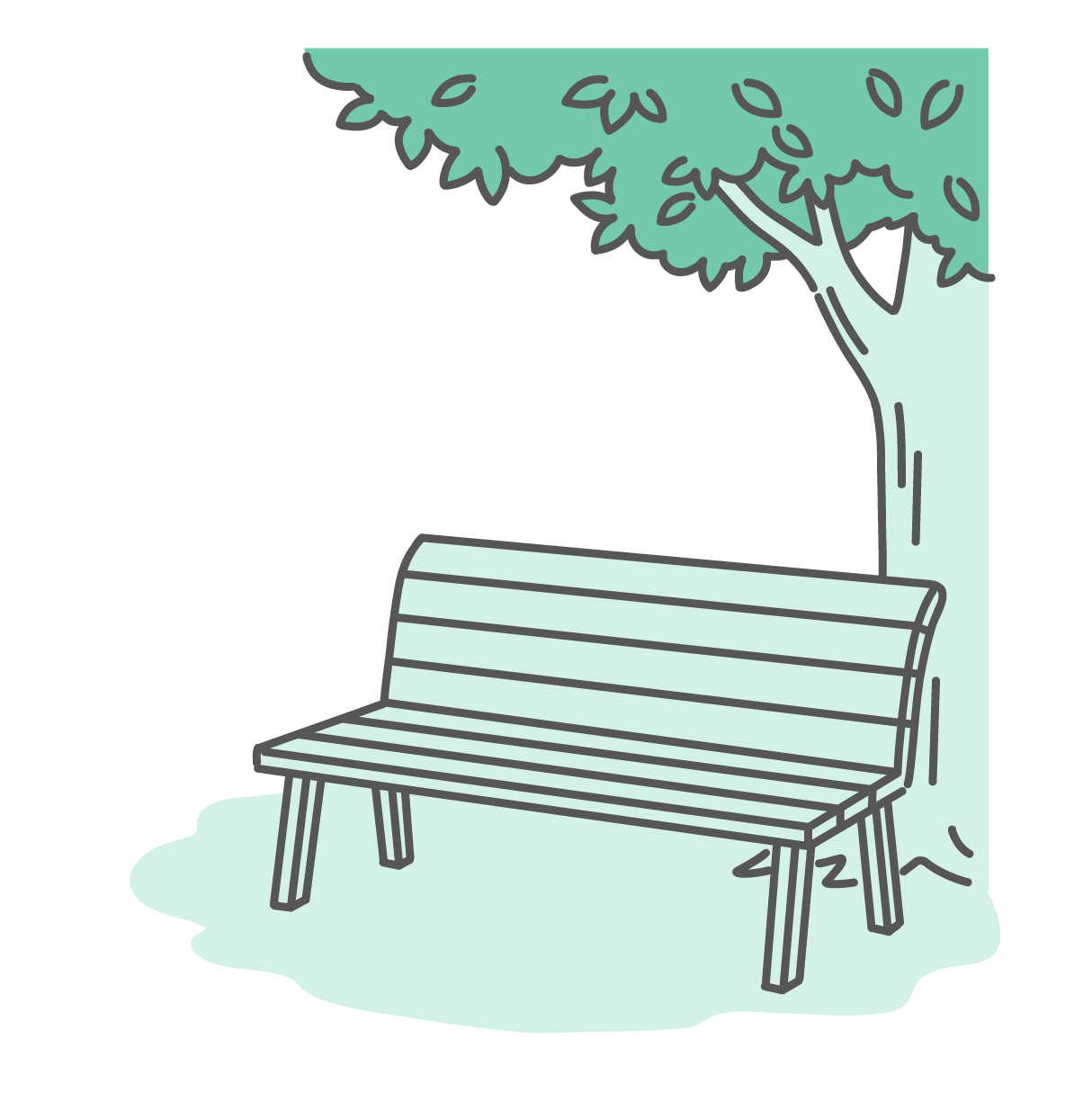 木の下の日陰にある、誰も座っていないベンチのイラスト