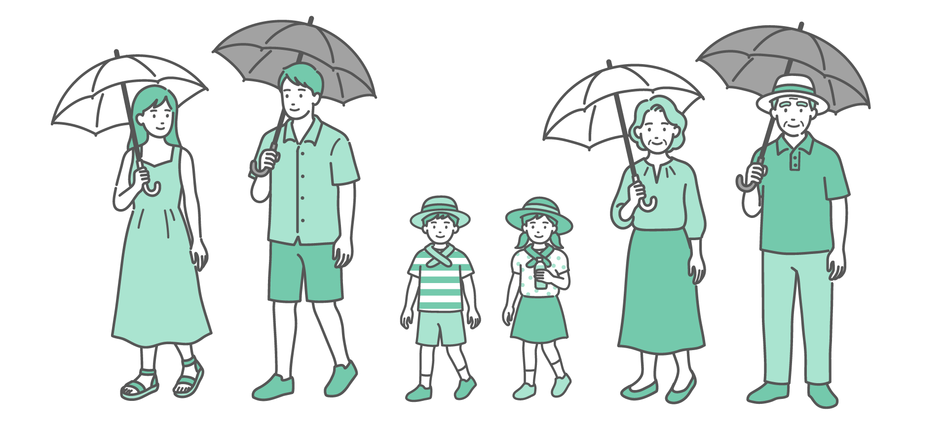 日傘や帽子で熱中症対策をする子供、大人、シニアの男女6人のイラスト