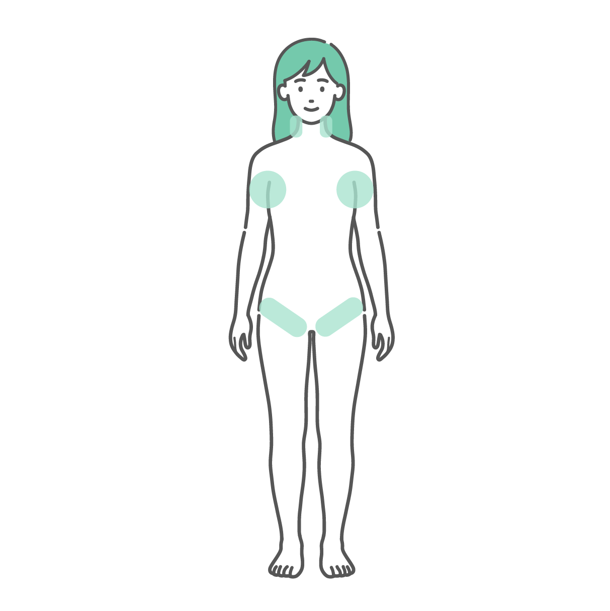 首筋、両脇の下、両足の付け根に冷却ポイントが示された、若い女性の全身立ち姿イラスト