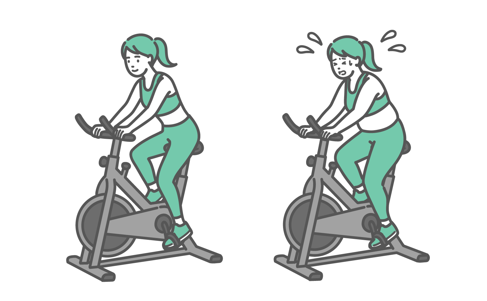 フィットネスバイクを笑顔で軽快に漕ぐ理想体型の女性と、汗をかき辛そうな表情で必死に漕いでいるぽっちゃり体型の女性の2点比較イラスト
