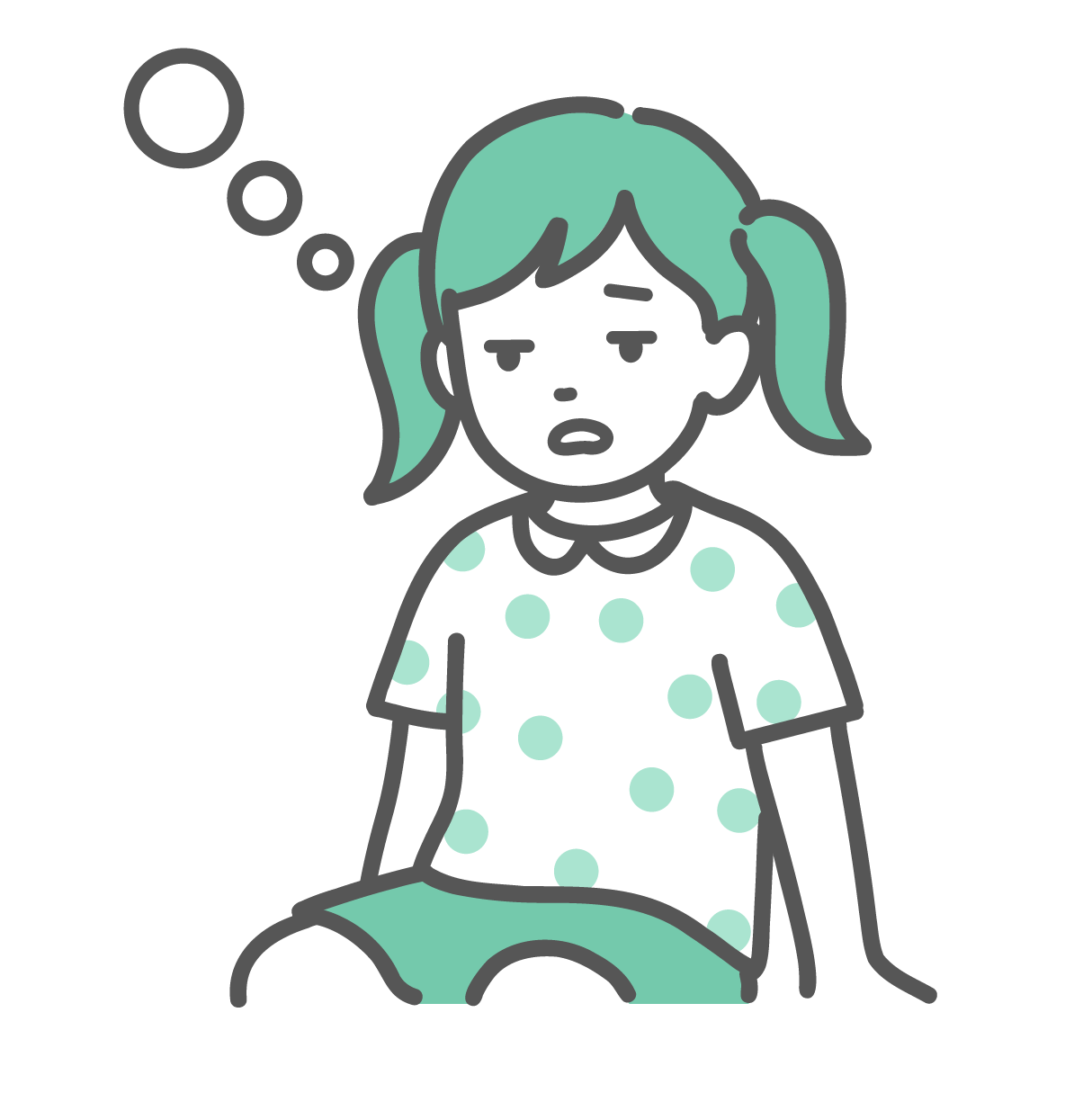 焦点が合わず、気分が悪そうにぼーっと座り込んでいるツインテールの女の子のイラスト