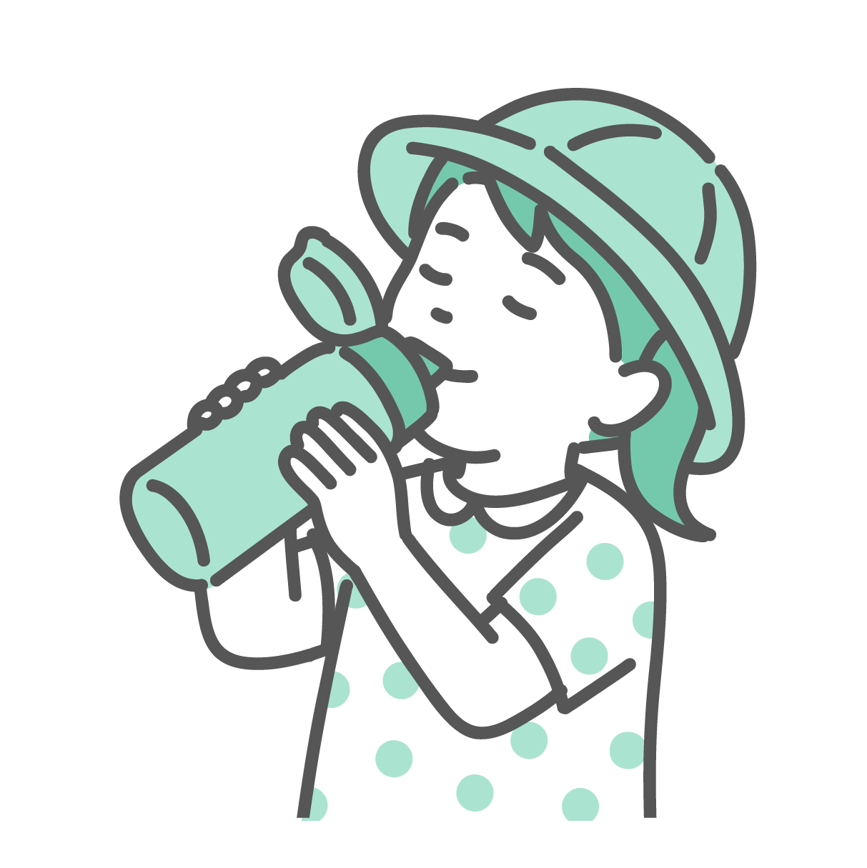 帽子をかぶった女の子が、両手で水筒を持って水分補給をしているイラスト