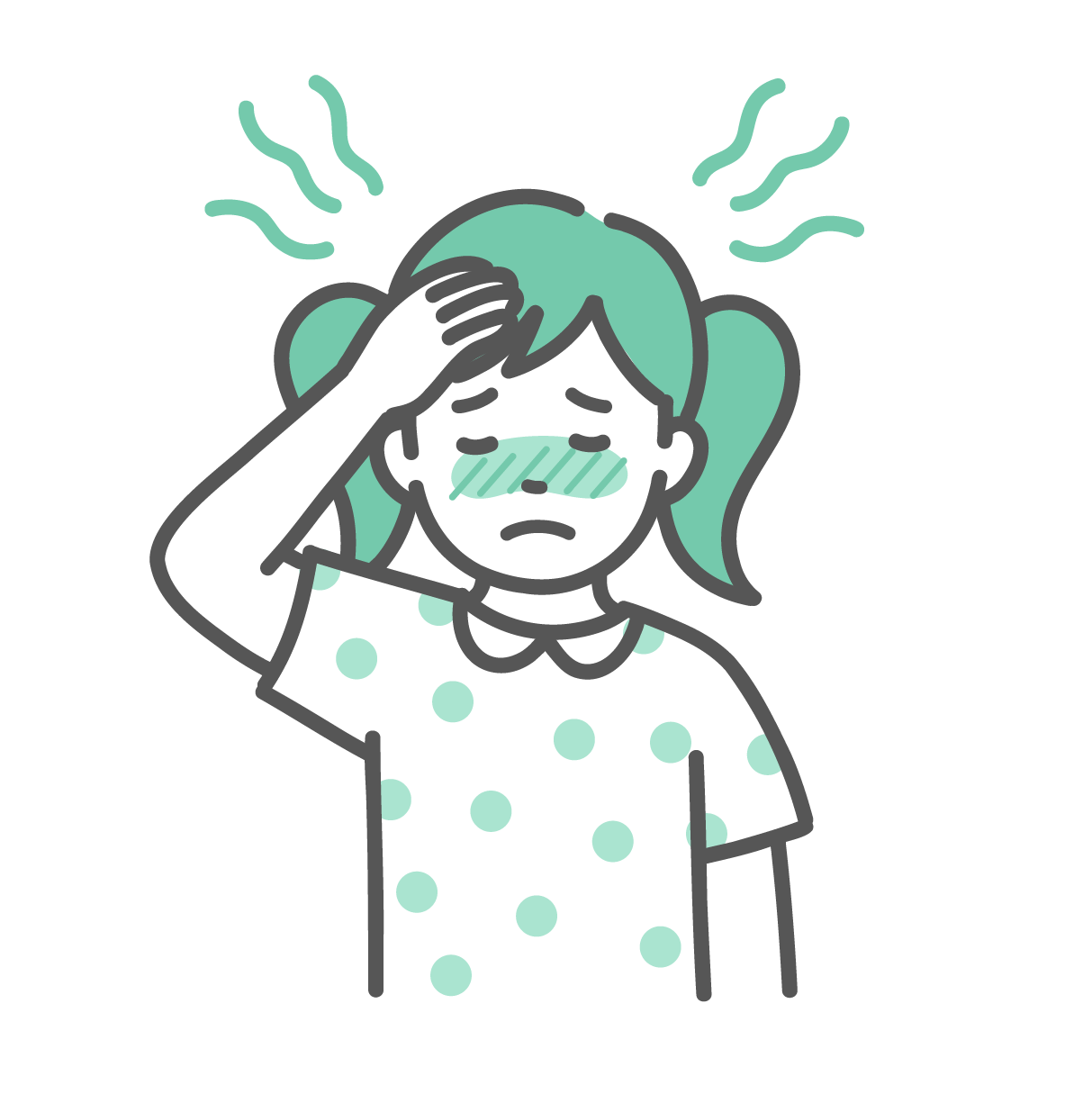 額に手を当てて、顔をほてらせて発熱で辛そうな表情をしている女の子のイラスト