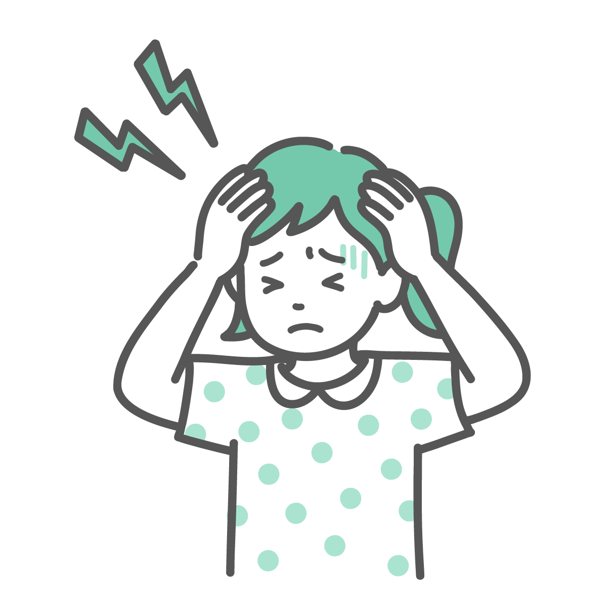 両手で頭を抱え、頭痛や発熱で辛そうな表情をしている女の子のイラスト