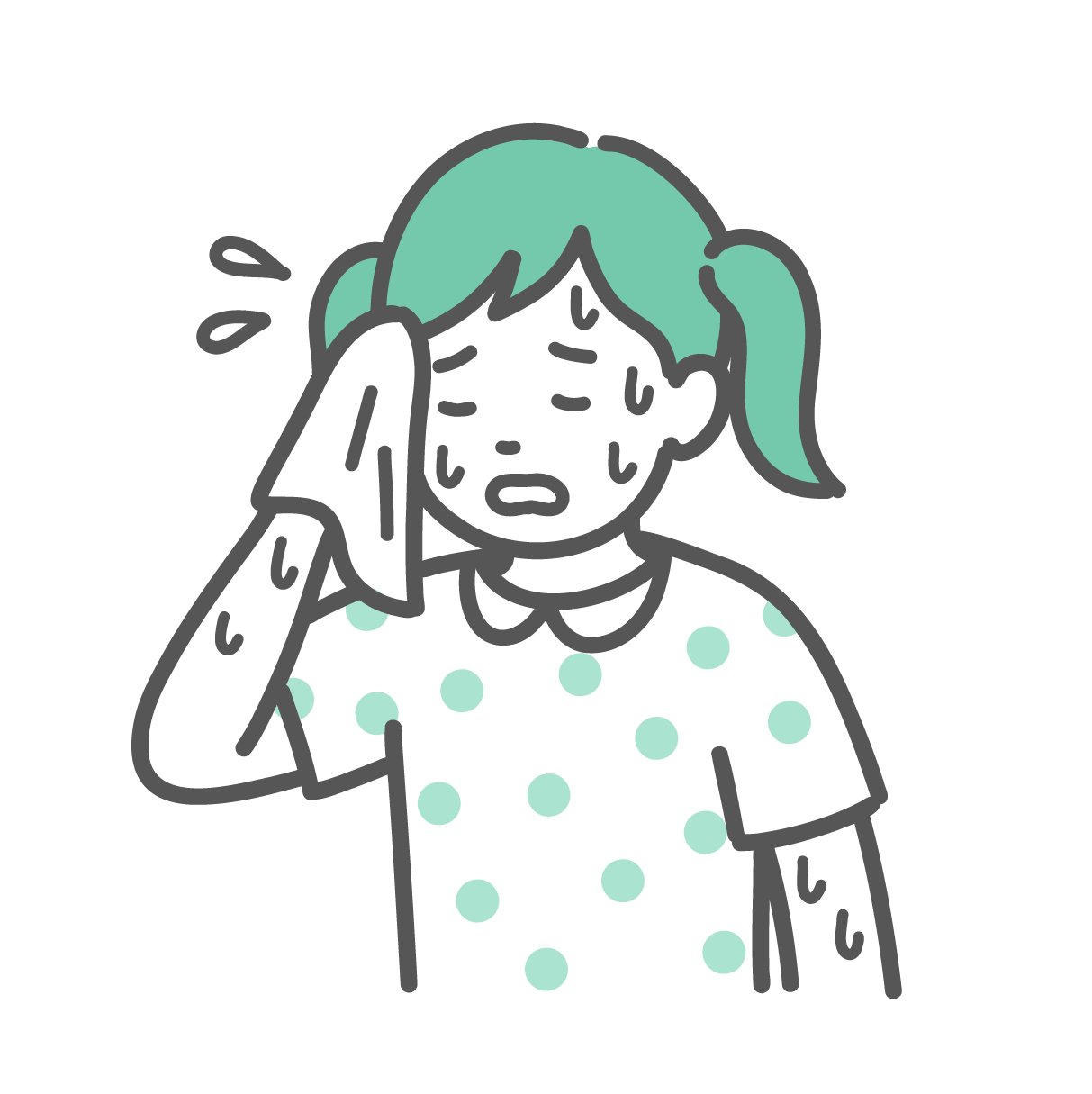 タオルで顔を拭きながら、大量の汗をかいて辛そうな表情をしている女の子のイラスト