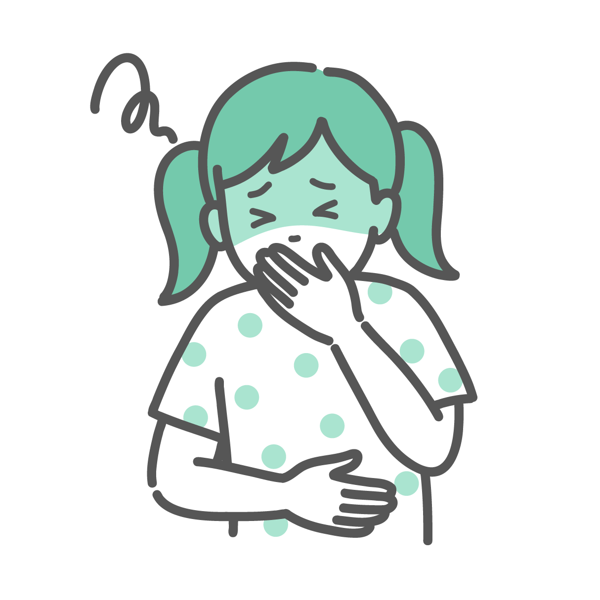 口とお腹を押さえ、顔を青くして吐き気や気分の悪さをこらえているツインテールの女の子のイラスト