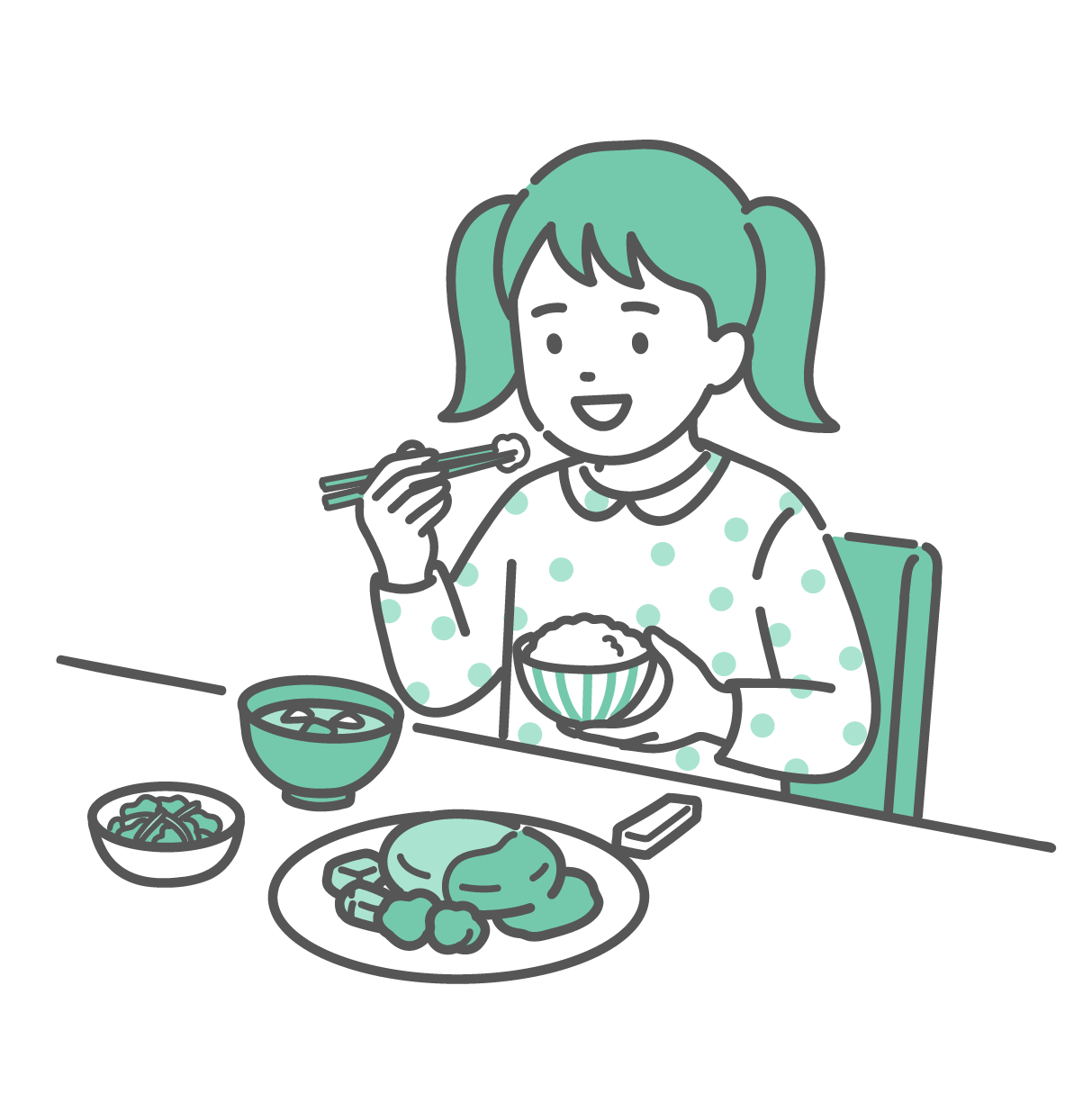 ご飯、味噌汁、ハンバーグ、副菜のバランスの良い食事を食べている女の子