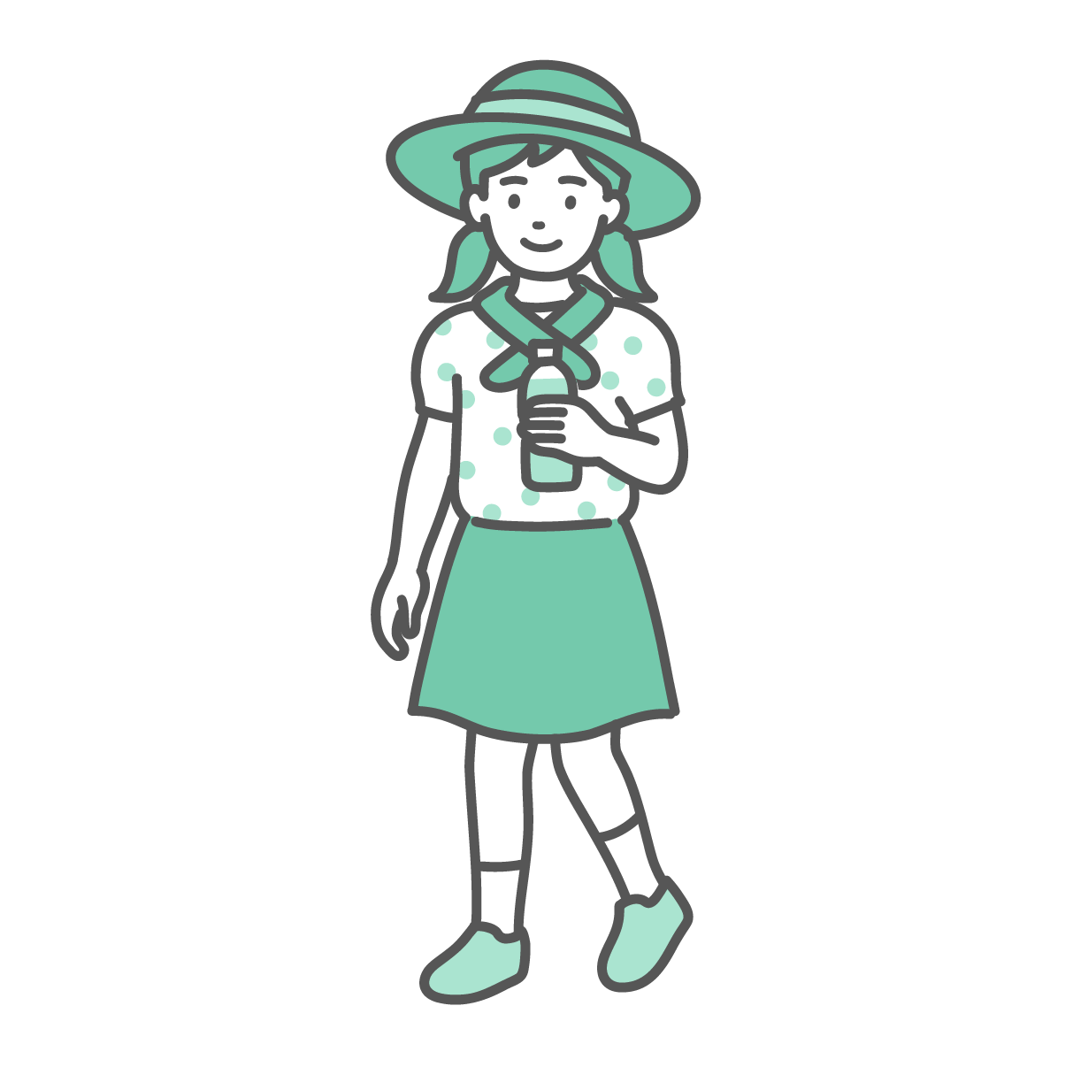 帽子とネッククーラーを身につけ、ペットボトルを持つ女の子