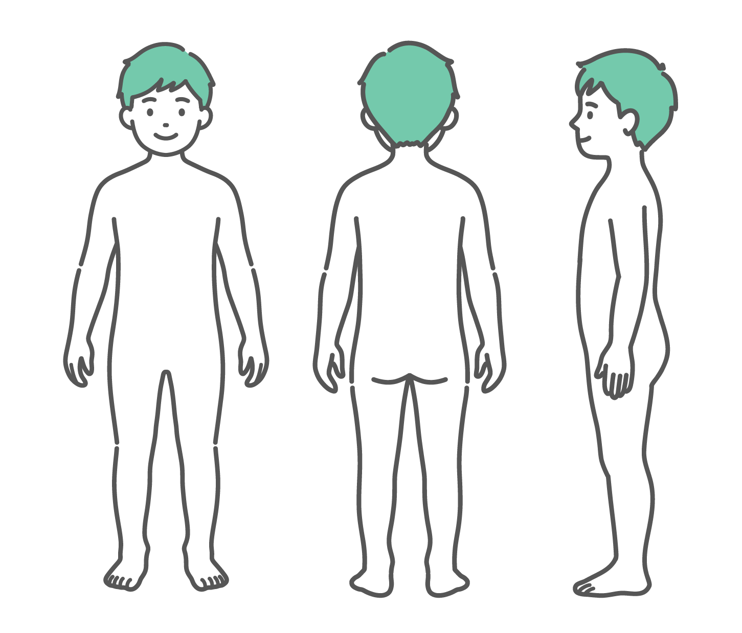 正面、背面、側面の3方向から見た男の子（子供）の人体図・全身モデルのイラストセット