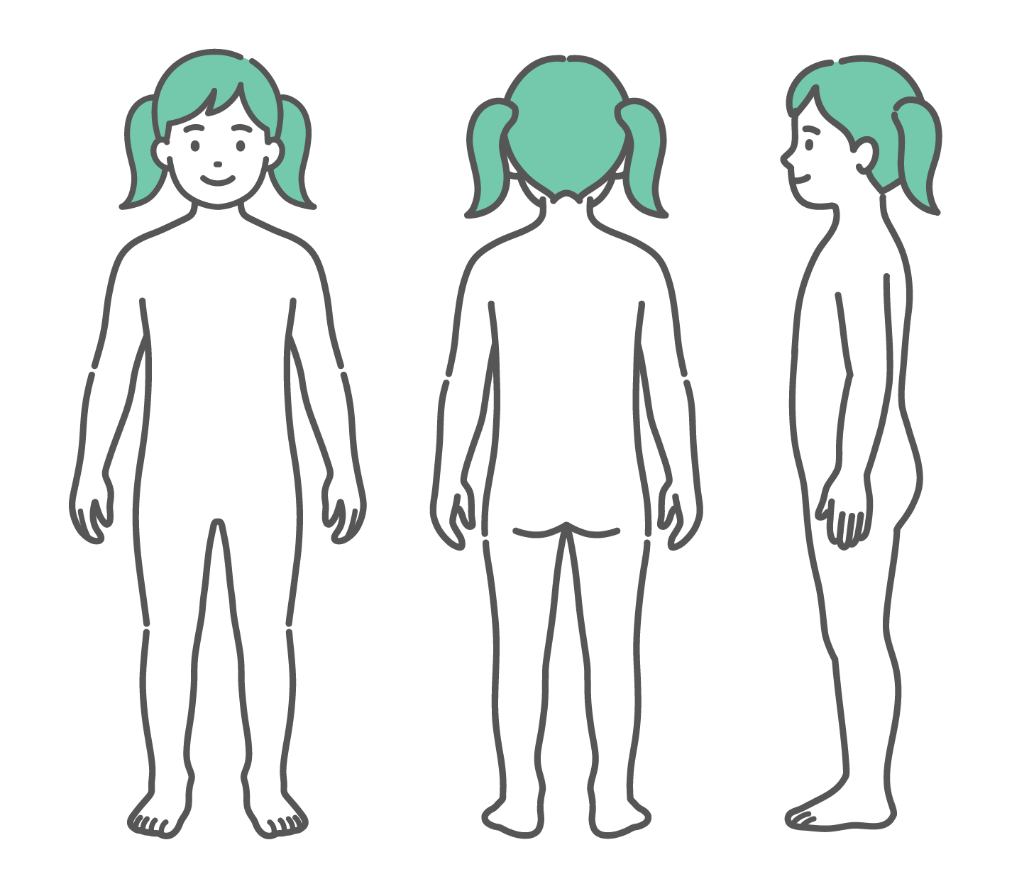 正面、背面、側面の3方向から見た女の子（子供）の人体図・全身モデルのイラストセット