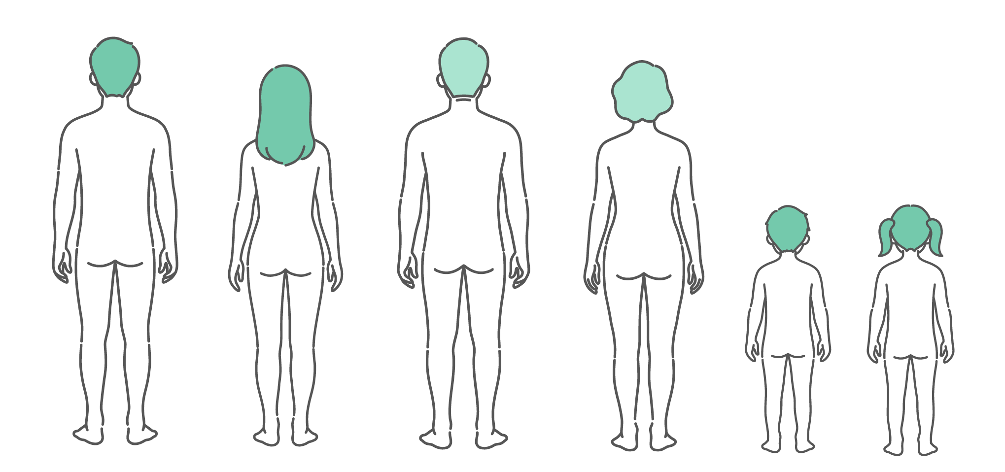 後ろから見た男性、女性、シニア男女、子供の男女の全世代が並んだ人体図・全身モデルのイラストセット（背面）