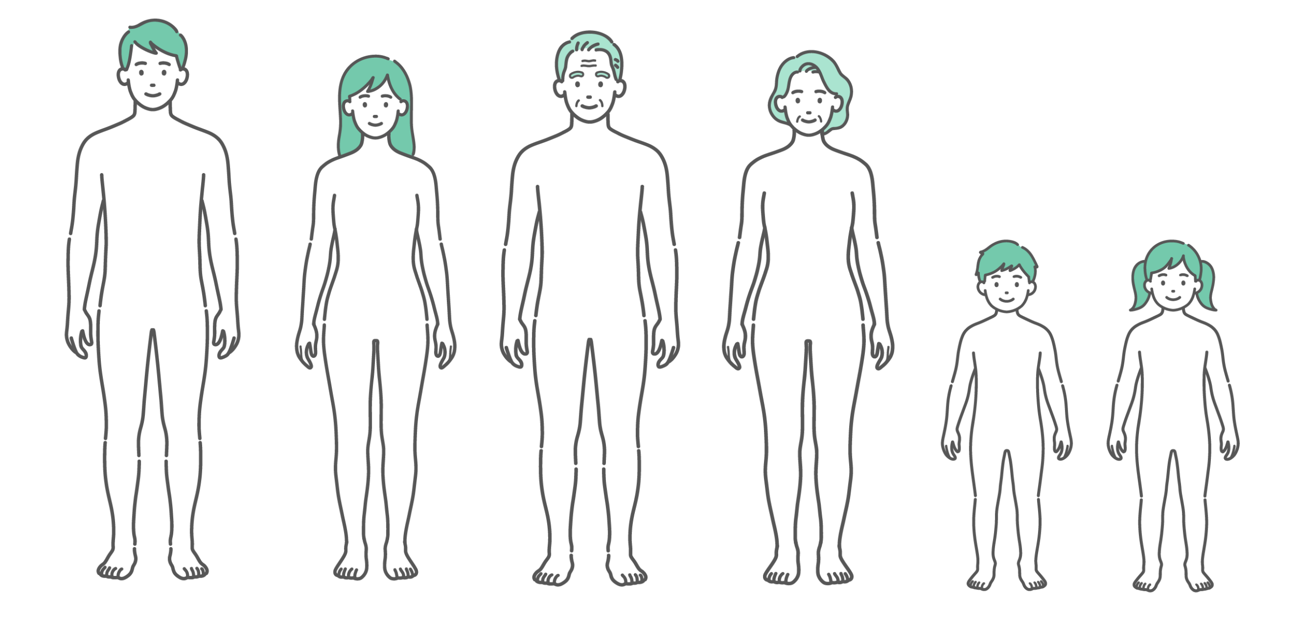 男性、女性、シニア男女、子供の男女の全世代が並んだ人体図・全身モデルのイラストセット（正面）