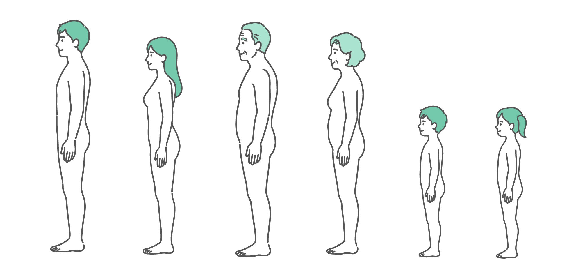 横から見た男性、女性、シニア男女、子供の男女の全世代が並んだ人体図・全身モデルのイラストセット（側面）