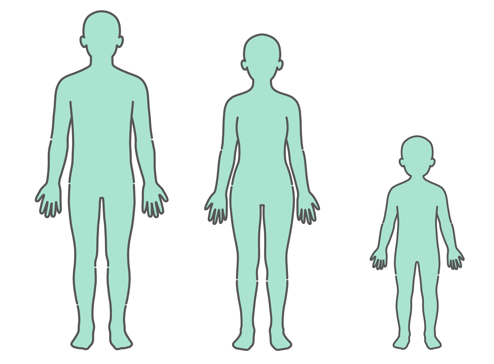 ミントグリーンで塗りつぶされた、男性・女性・子供が並ぶ全身シルエット・人体図のイラストセット（正面）