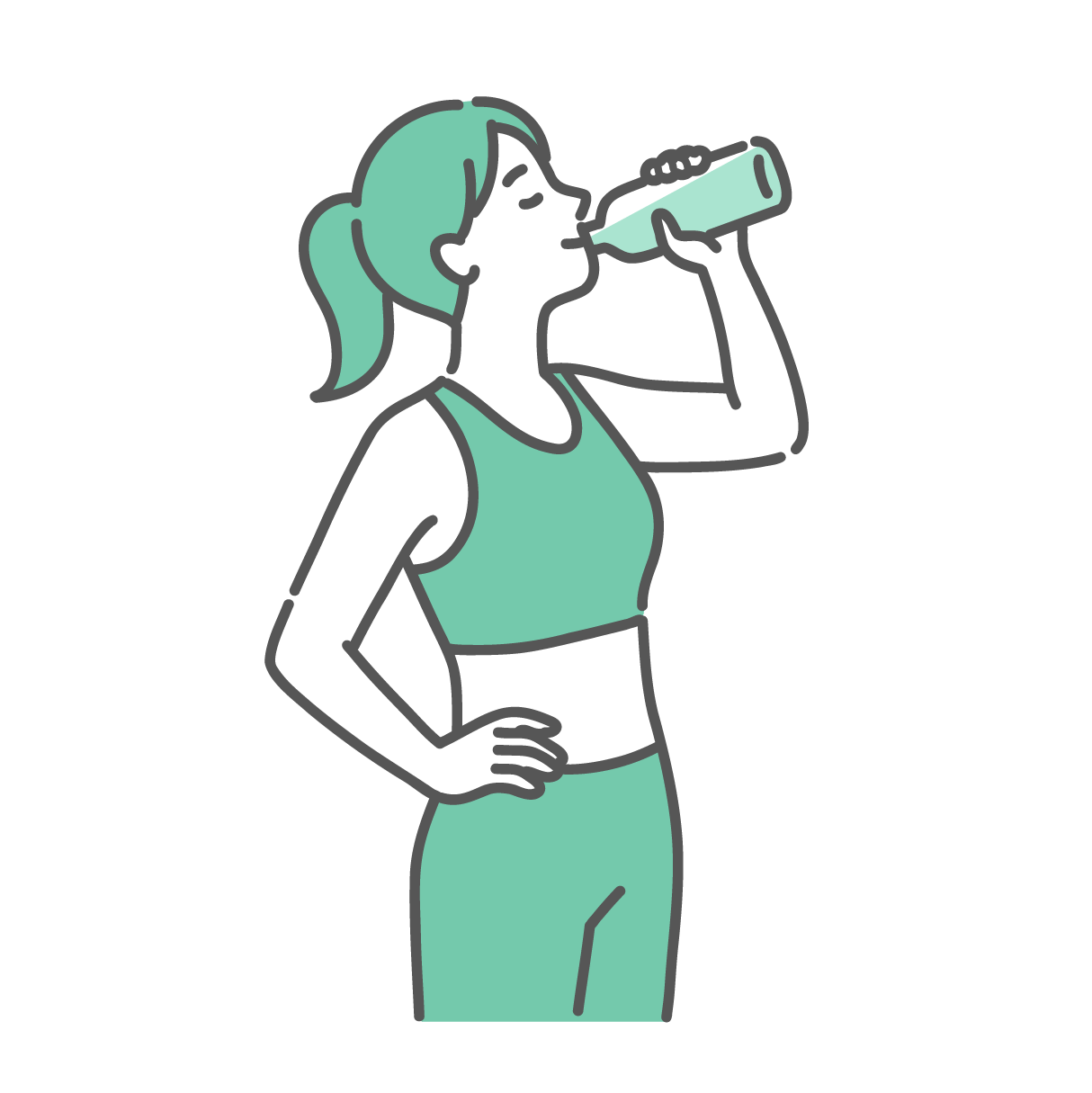 腰に手を当て、ボトルから笑顔で水を飲むスポーツウェア姿の女性のイラスト