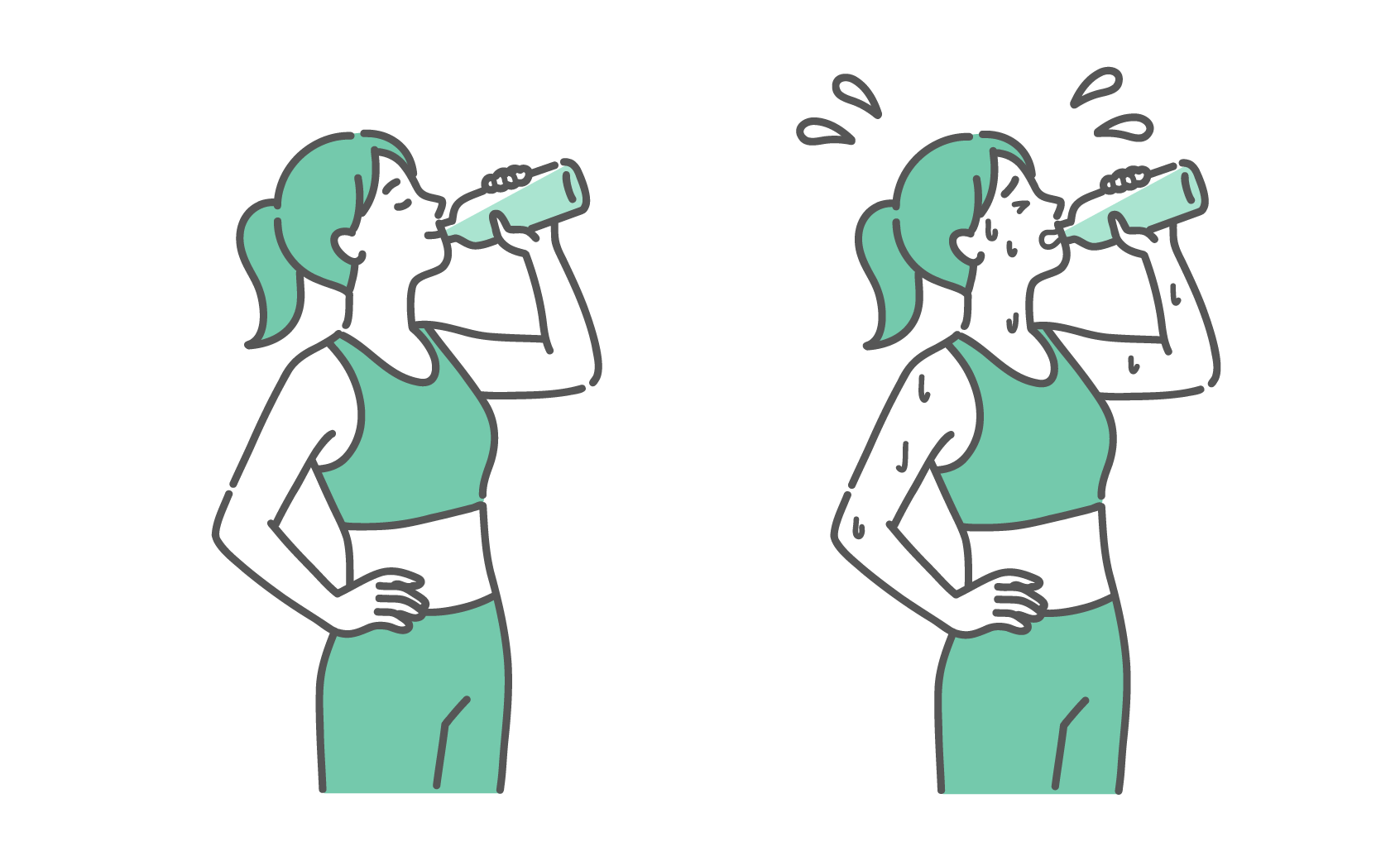 笑顔で余裕をもって水を飲む女性と、大量の汗をかいて必死に水を飲む女性の2点比較セットイラスト