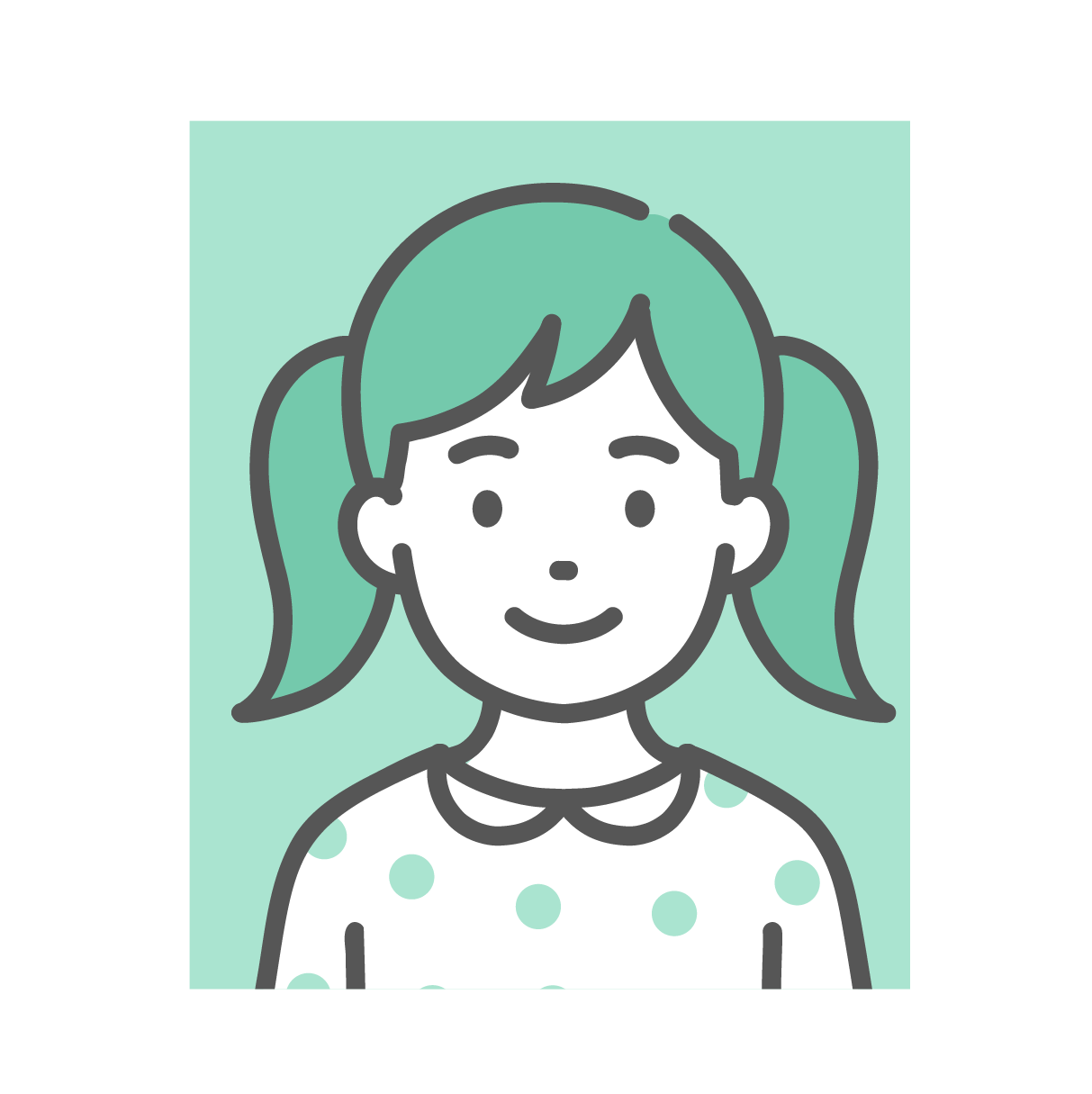 ミントグリーンの背景の前に立つ女の子の顔と肩付近を描いた、証明写真スタイルの正面イラスト。暗い髪を耳にかけ、白い襟の服を着ている。