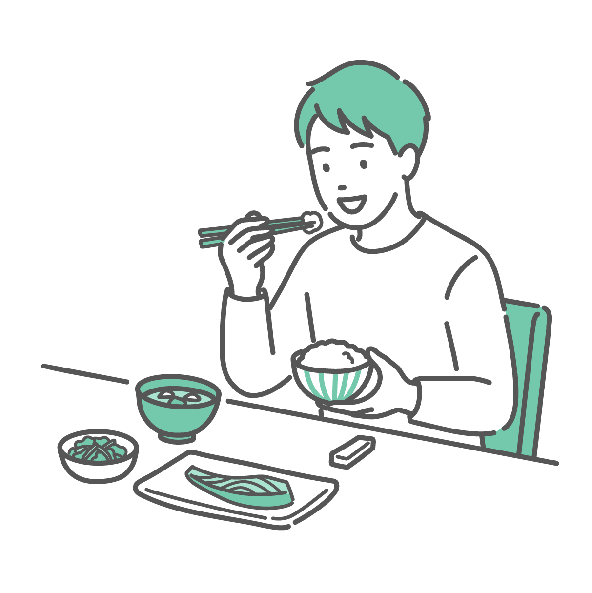 ご飯、味噌汁、焼き魚、副菜の和食を食べている男性