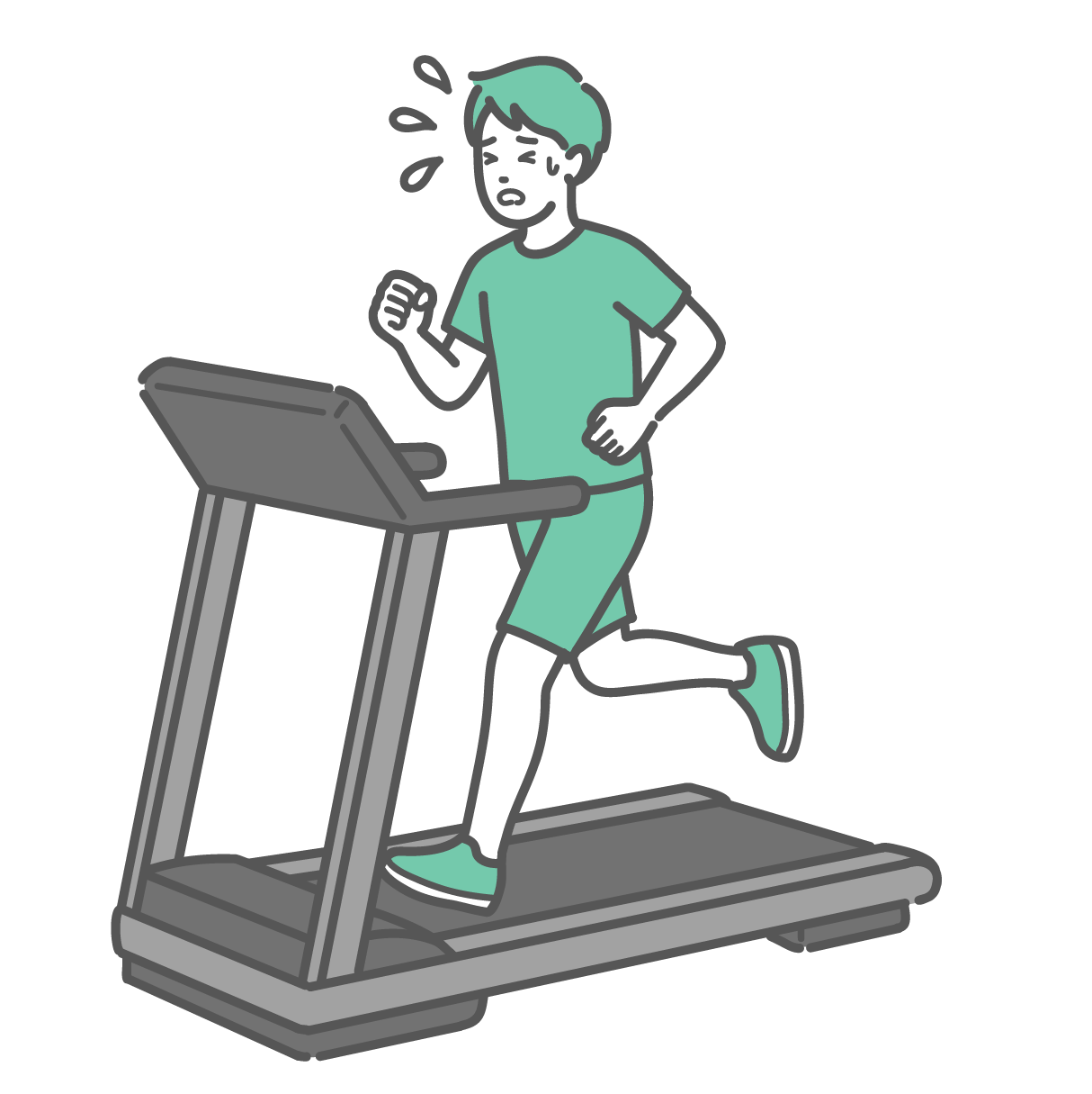 トレッドミルで、大量の汗をかきながら一生懸命にランニングをしている、Tシャツとショートパンツを着た若い男性のイラスト