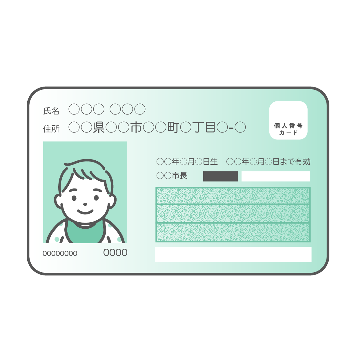 スタイ（よだれかけ）をつけた赤ちゃんの顔写真が入ったマイナンバーカード（個人番号カード）表面のイラスト。カードはミントグリーンとグレーのデザイン。氏名や住所などの個人情報部分は丸印（伏せ字）で表現されている。