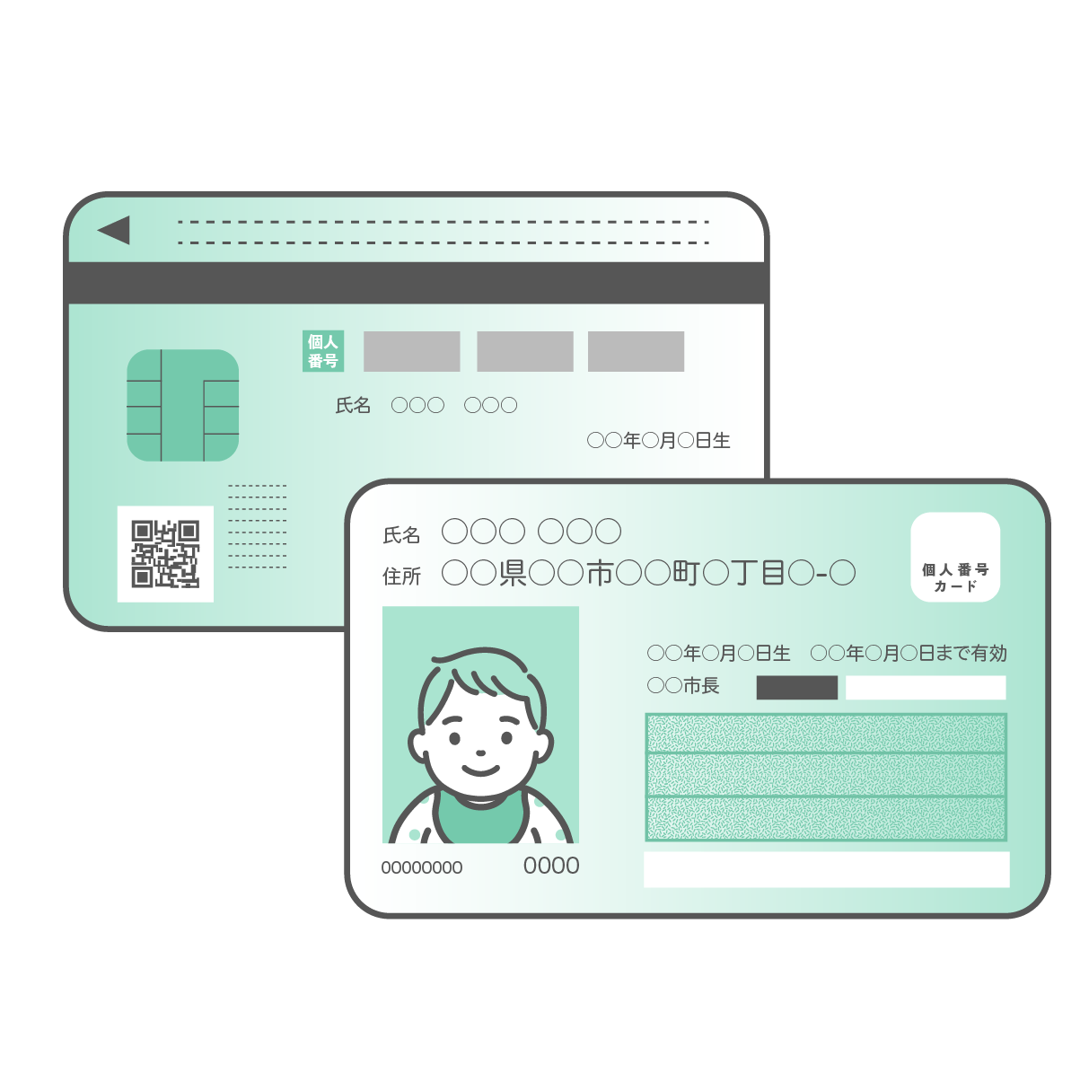 スタイ（よだれかけ）をつけた赤ちゃんの顔写真が入ったマイナンバーカード（個人番号カード）の表面と、ICチップやQRコードが描かれた裏面が重なるように配置されたセットイラスト。カードはミントグリーンとグレーのデザインで、個人情報部分はダミーテキストになっている。背景は透過。
