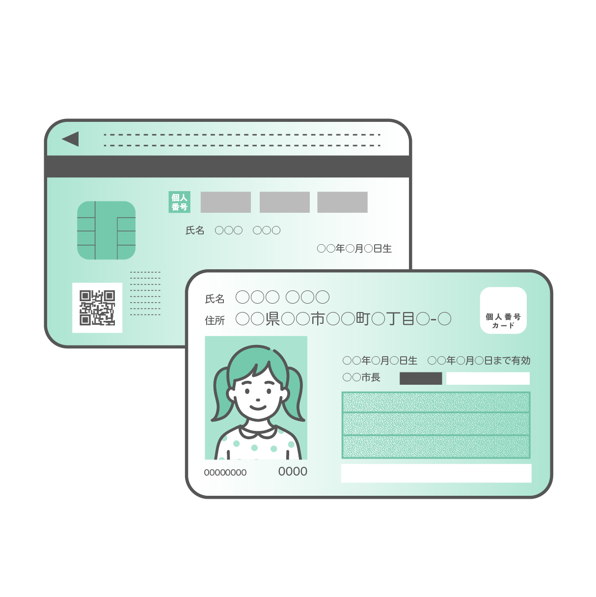 笑顔の女の子の顔写真が入ったマイナンバーカード（個人番号カード）の表面と、ICチップやQRコードが描かれた裏面が重なるように配置されたセットイラスト。カードはミントグリーンとグレーのデザインで、個人情報部分はダミーテキストになっている。背景は透過。