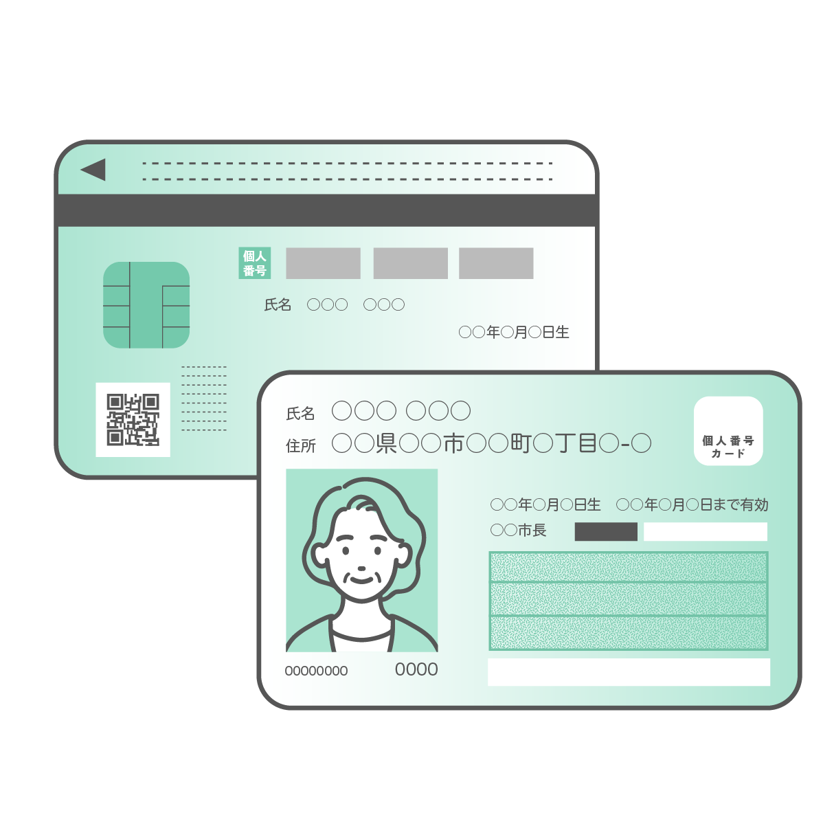 白髪のシニア女性の顔写真が入ったマイナンバーカード（個人番号カード）の表面と、ICチップやQRコードが描かれた裏面が重なるように配置されたセットイラスト。個人情報部分はダミーテキストになっている。