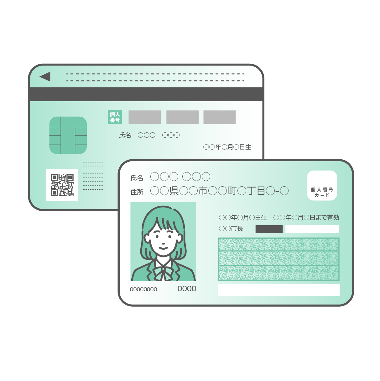 制服を着た女子学生の顔写真が入ったマイナンバーカード（個人番号カード）の表面と、ICチップやQRコードが描かれた裏面が重なるように配置されたセットイラスト。カードはミントグリーンとグレーのデザインで、個人情報部分はダミーテキストになっている。背景は透過。