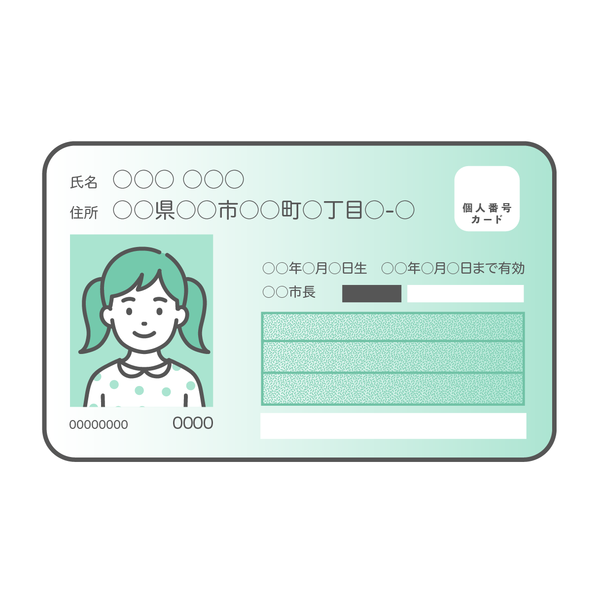ツインテールの女の子の顔写真が入ったマイナンバーカード（個人番号カード）表面のイラスト。カードはミントグリーンとグレーのデザイン。氏名や住所などの個人情報部分は丸印（伏せ字）で表現されている。